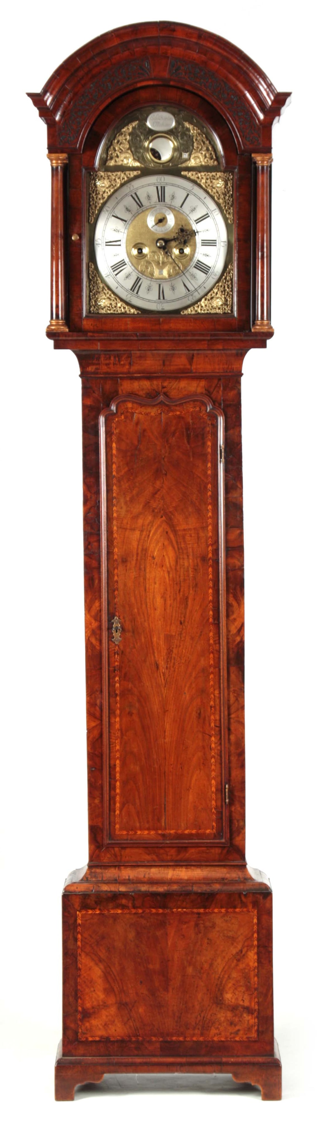 EDWARD BARLOW, OLDHAM. A FINE GEORGE II WALNUT PENNY MOON LONGCASE CLOCK (1 of 9)