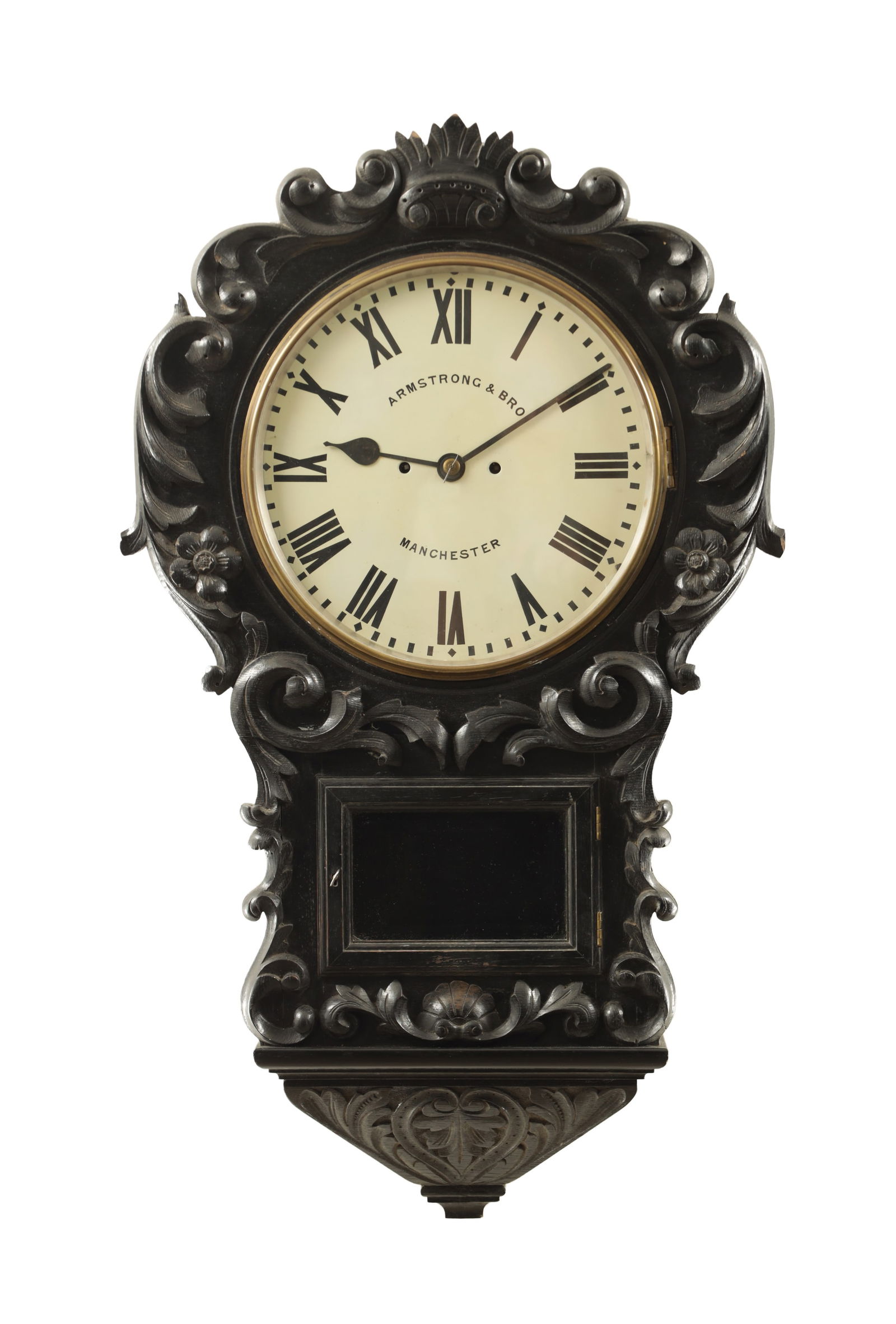 ARMSTRONG & BRO. MANCHESTER. A LATE 19TH CENTURY CARVED EBONISED DOUBLE FUSEE WALL CLOCK: ARMSTRONG & BRO. MANCHESTER. A LATE 19TH CENTURY CARVED EBONISED DOUBLE FUSEE WALL CLOCK the richly carved scrolling foliate oak case with glazed trunk pendulum aperture and brass glazed bezel enclosi