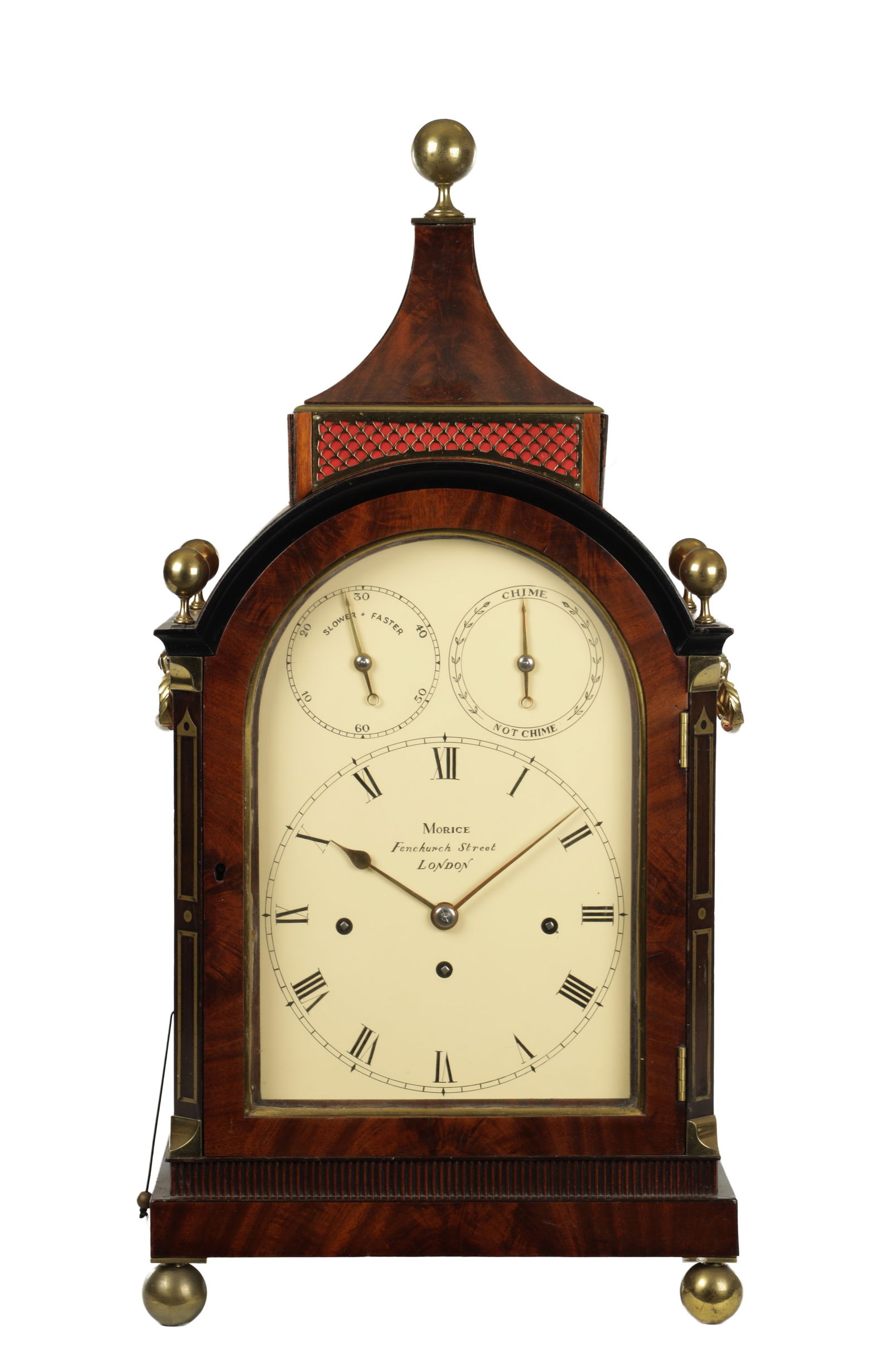 MORICE, FENCHURCH STREET, LONDON. A GOOD FLAMED MAHOGANY AND BRASS INLAID THREE TRAIN FUSEE BRACKET (1 of 12)