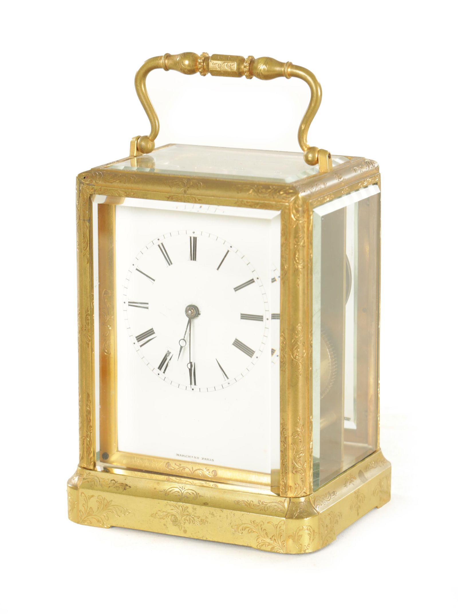 A MID 19TH CENTURY FRENCH ENGRAVED BRASS STRIKING CARRIAGE CLOCK SIGNED MARCHAND PARIS (1 of 7)
