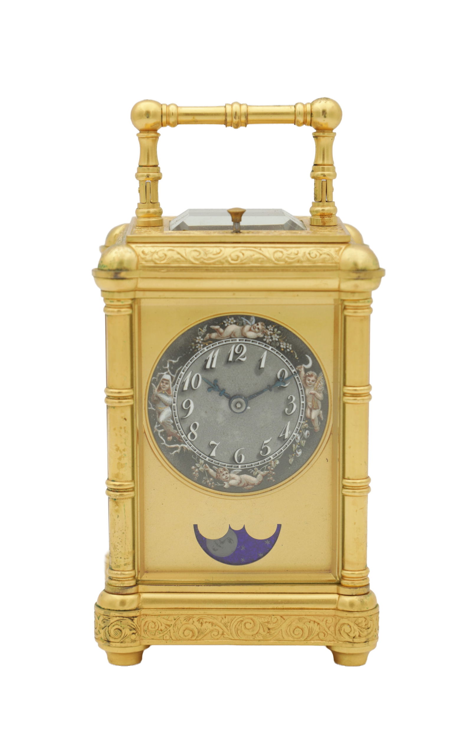 DROCOURT, PARIS. A FINE GILT ENGRAVED QUARTER STRIKING CARRIAGE CLOCK WITH MOONPHASE (1 of 9)