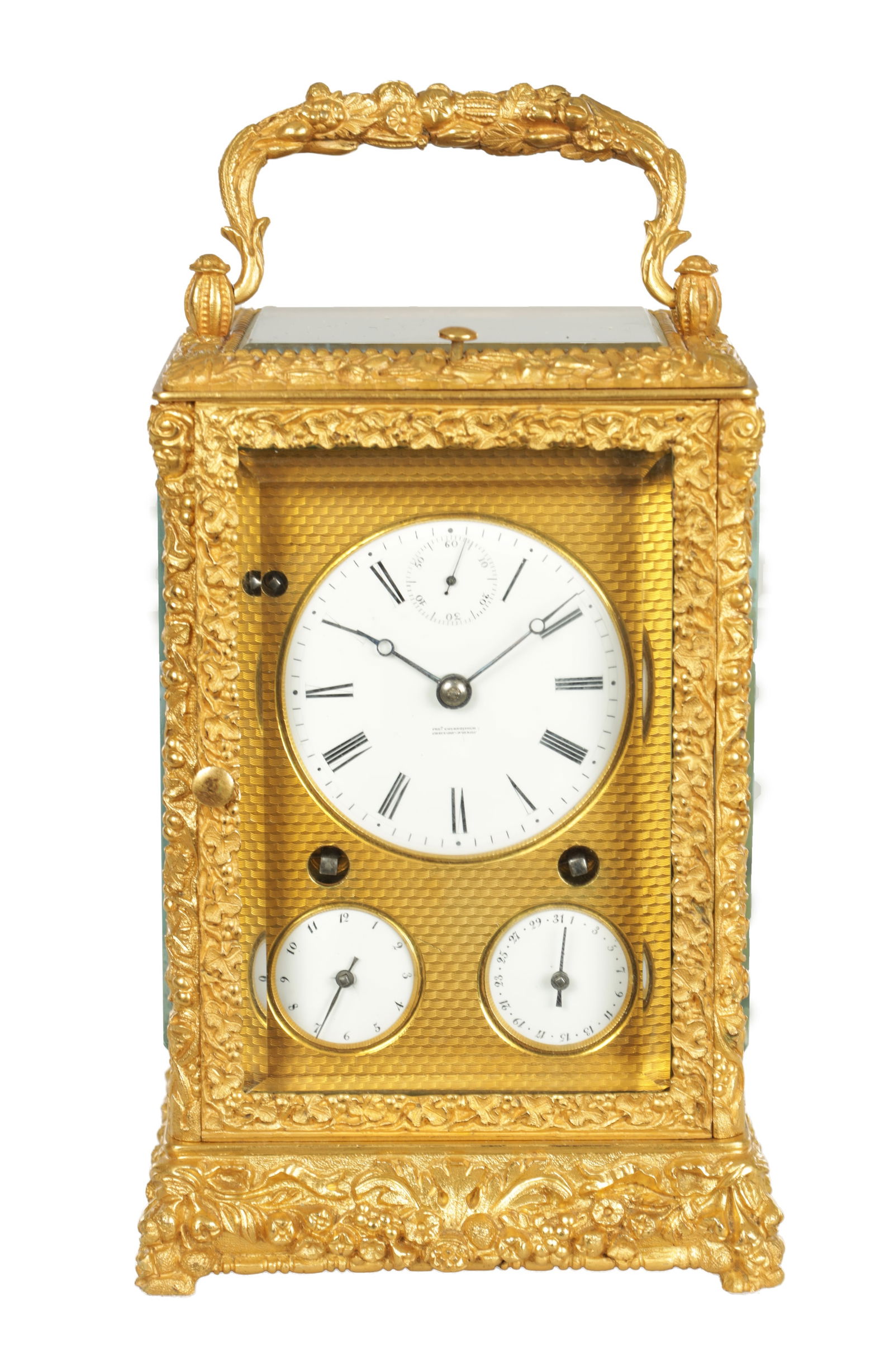 FREDERICK COURVOISIER, LA CHAUX DE FONDS. A RARE AND EARLY GRAND SONNERIE CARRIAGE CLOCK WITH: FREDERICK COURVOISIER, LA CHAUX DE FONDS. A RARE AND EARLY GRAND SONNERIE CARRIAGE CLOCK WITH SECONDS AND CALENDAR the cast gilt brass case with foliate decoration and masked corners enclosing a guill