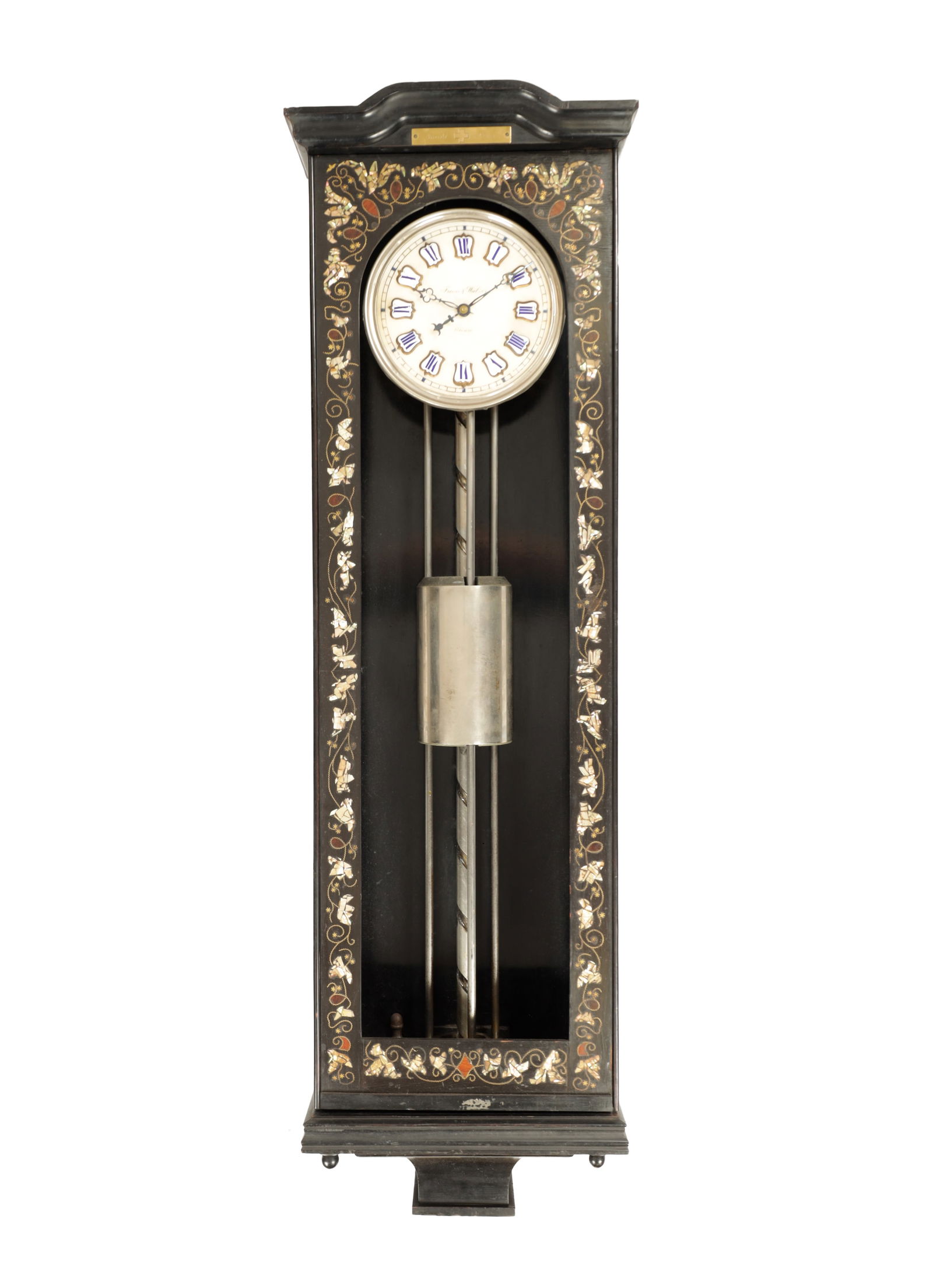 A RARE 19TH CENTURY SWISS YEAR GOING GRAVITY WALL CLOCK: A RARE 19TH CENTURY SWISS YEAR GOING GRAVITY WALL CLOCK by Freiss & Walzer, Bienne. The ebony veneered and inlaid glazed case enclosing an 8" white marble/alabaster dial with enamel Roman numerals fro