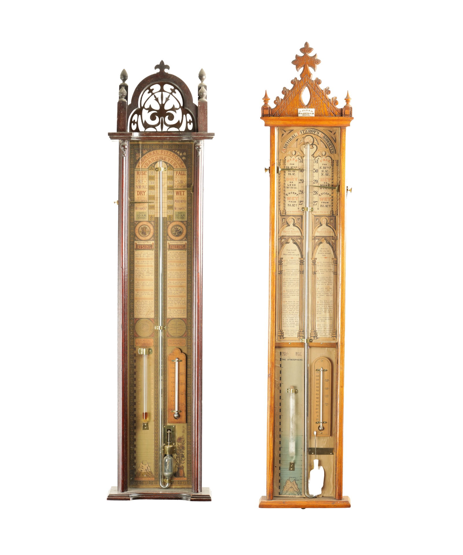 TWO LATE 19TH CENTURY ADMIRAL FITZROY BAROMETERS: TWO LATE 19TH CENTURY ADMIRAL FITZROY BAROMETERS both having oak glazed cases with gothic pediments and paper scales. (2)