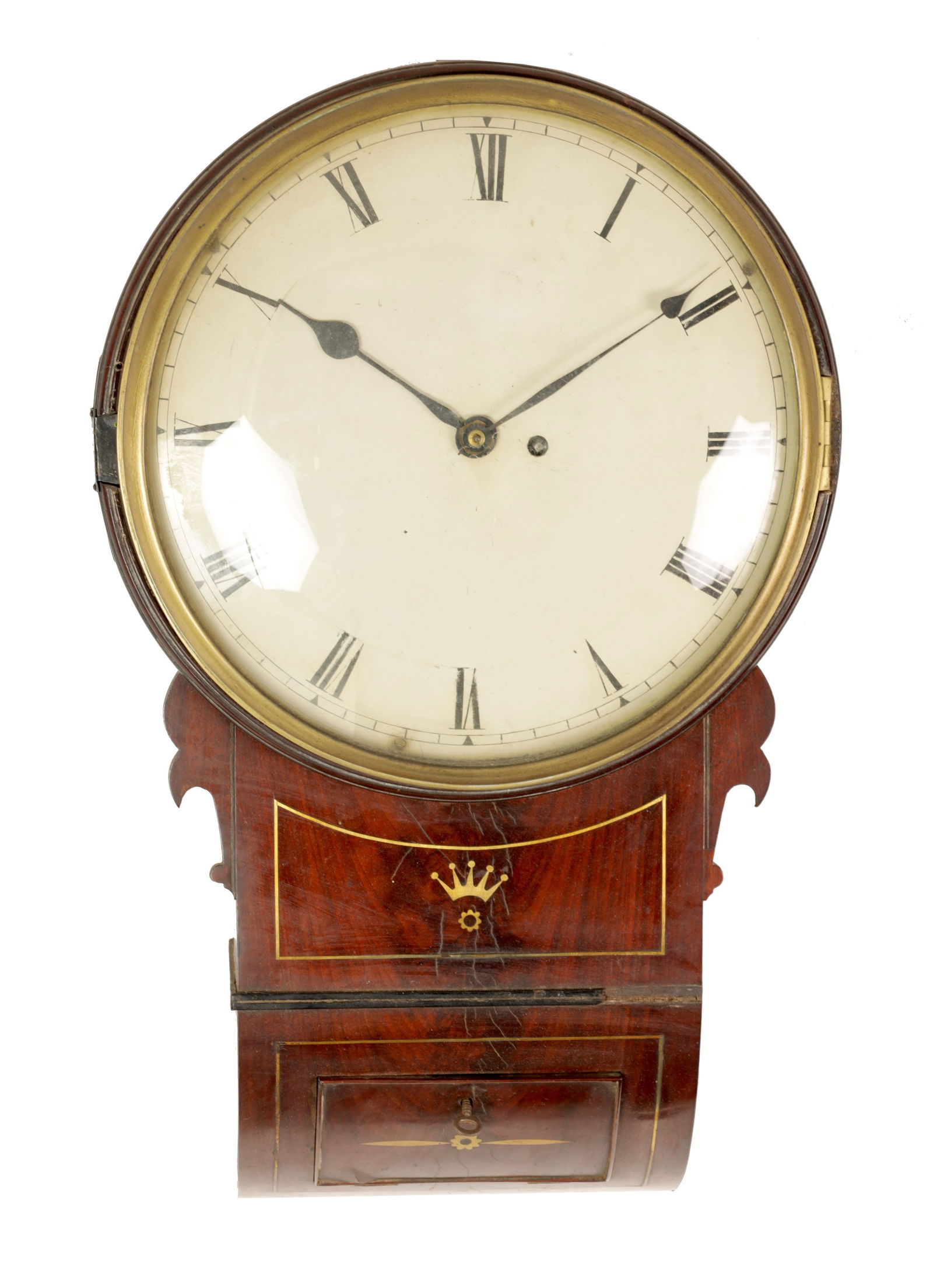 A REGENCY BRASS INLAID FIGURED MAHOGANY DROP-DIAL WALL CLOCK (1 of 5)