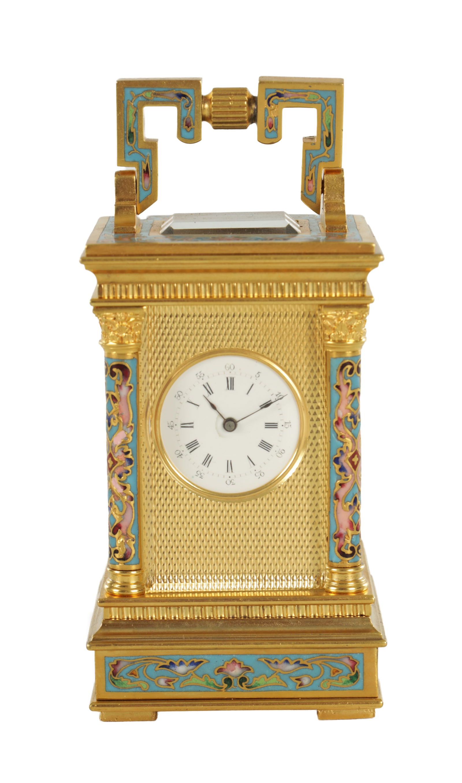 A LATE 19TH CENTURY FRENCH CHAMPLEVE ENAMEL MINIATURE TIMEPIECE CARRIAGE CLOCK (1 of 10)