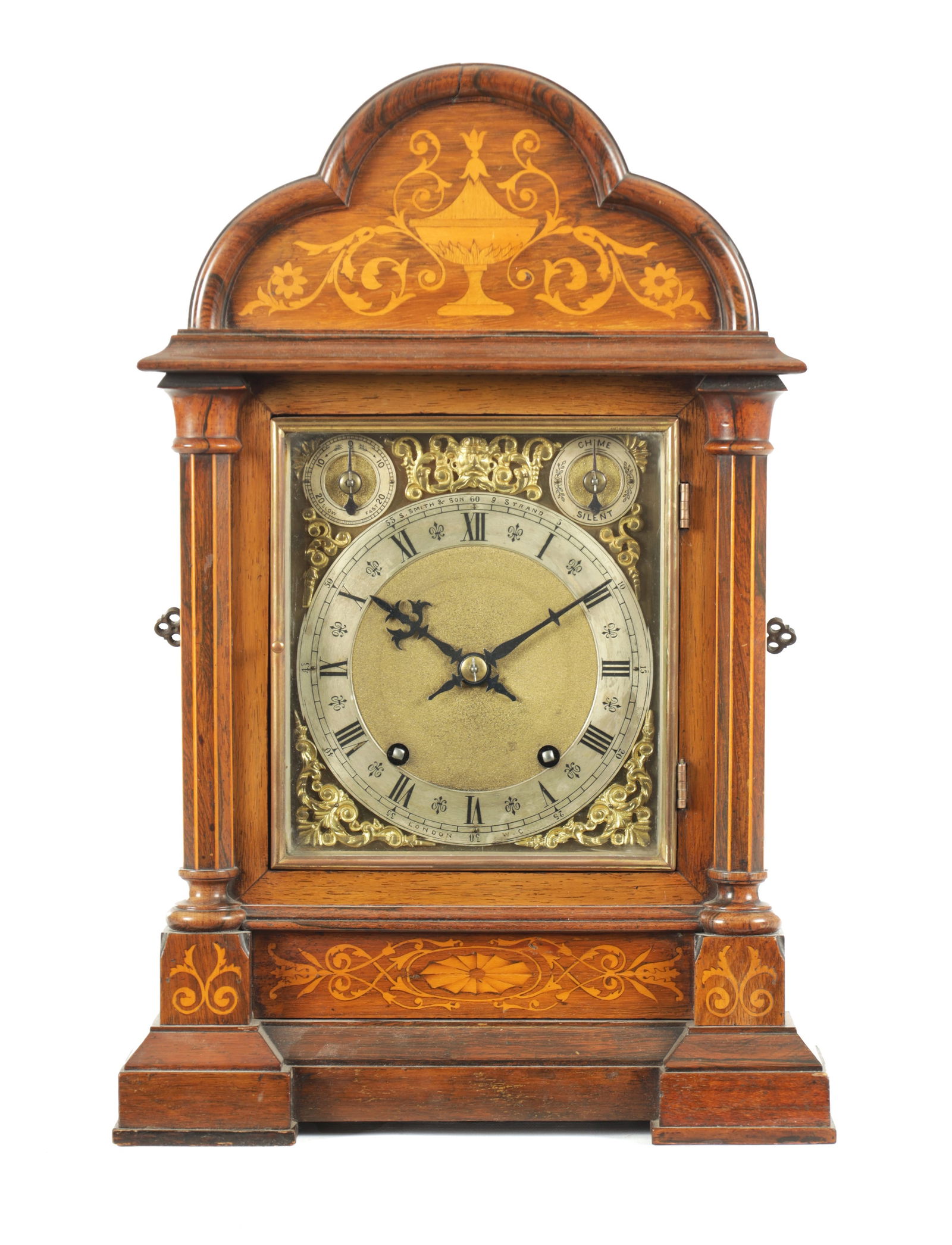A LATE 19TH CENTURY GERMAN INLAID ROSEWOOD QUARTER CHIMING BRACKET CLOCK (1 of 8)