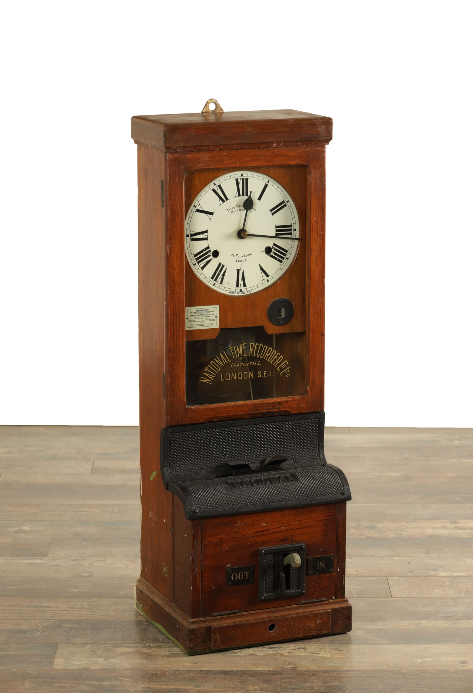 NATIONAL TIME RECORDER CO. LTD. A LATE 19TH CENTURY OAK CASED CLOCKING IN MACHINE: NATIONAL TIME RECORDER CO. LTD. A LATE 19TH CENTURY OAK CASED CLOCKING IN MACHINE with eight-day spring driven movement and card reader to base (34cm wide 30cm deep 98cm high)