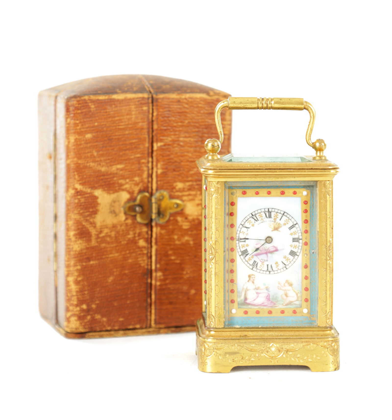 MARGAINE, PARIS. A LATE 19TH CENTURY MINIATURE GILT ENGRAVED PORCELAIN PANELLED CARRIAGE CLOCK (1 of 10)