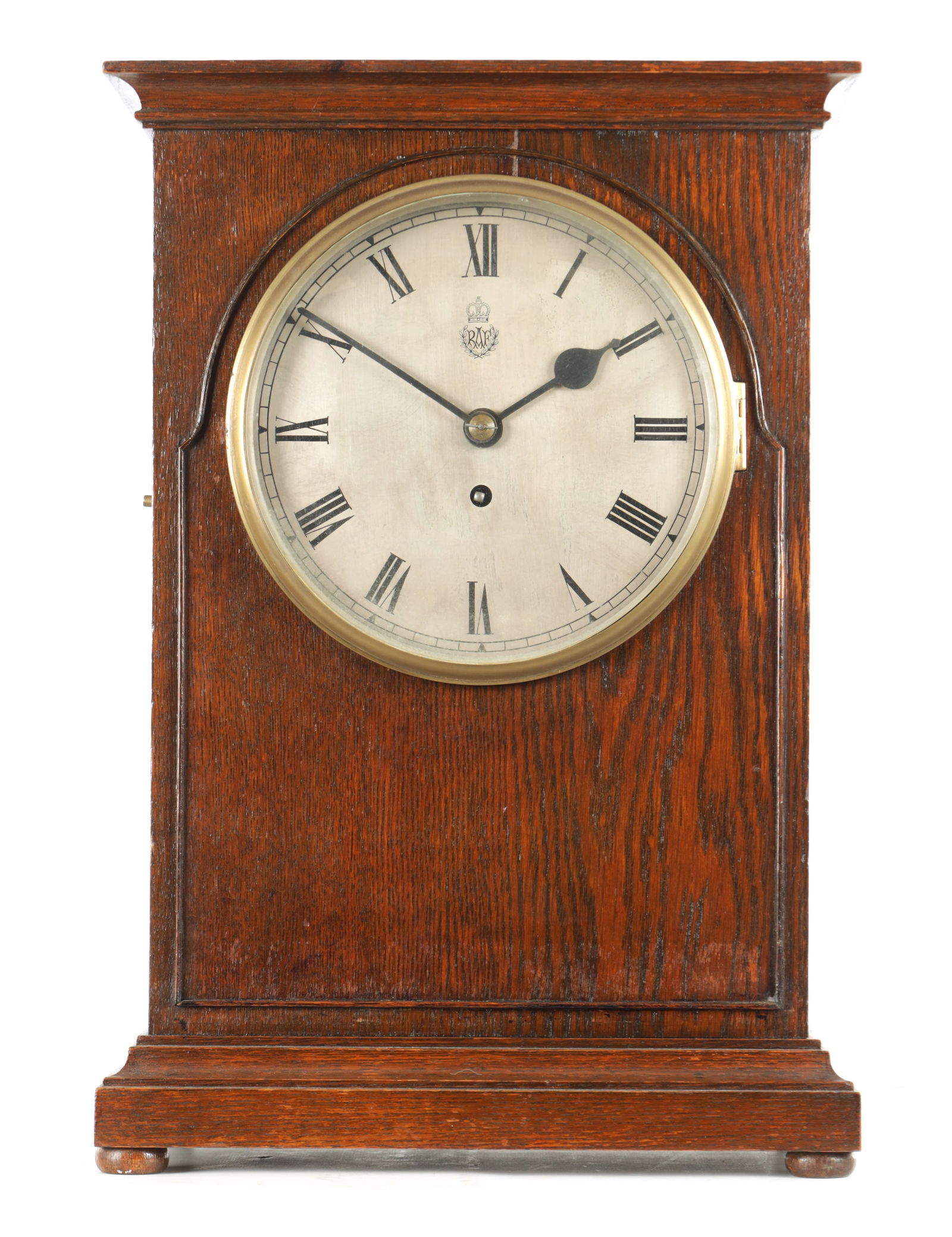 A LARGE OAK CASED R.A.F. FUSEE MESS CLOCK SIGNED F.W. ELLIOTT LTD: A LARGE OAK CASED R.A.F. FUSEE MESS CLOCK SIGNED F.W. ELLIOTT LTD the rectangular case with moulded panel enclosing an 8" silvered dial with Roman numerals, fronting an eight day chain driven movement