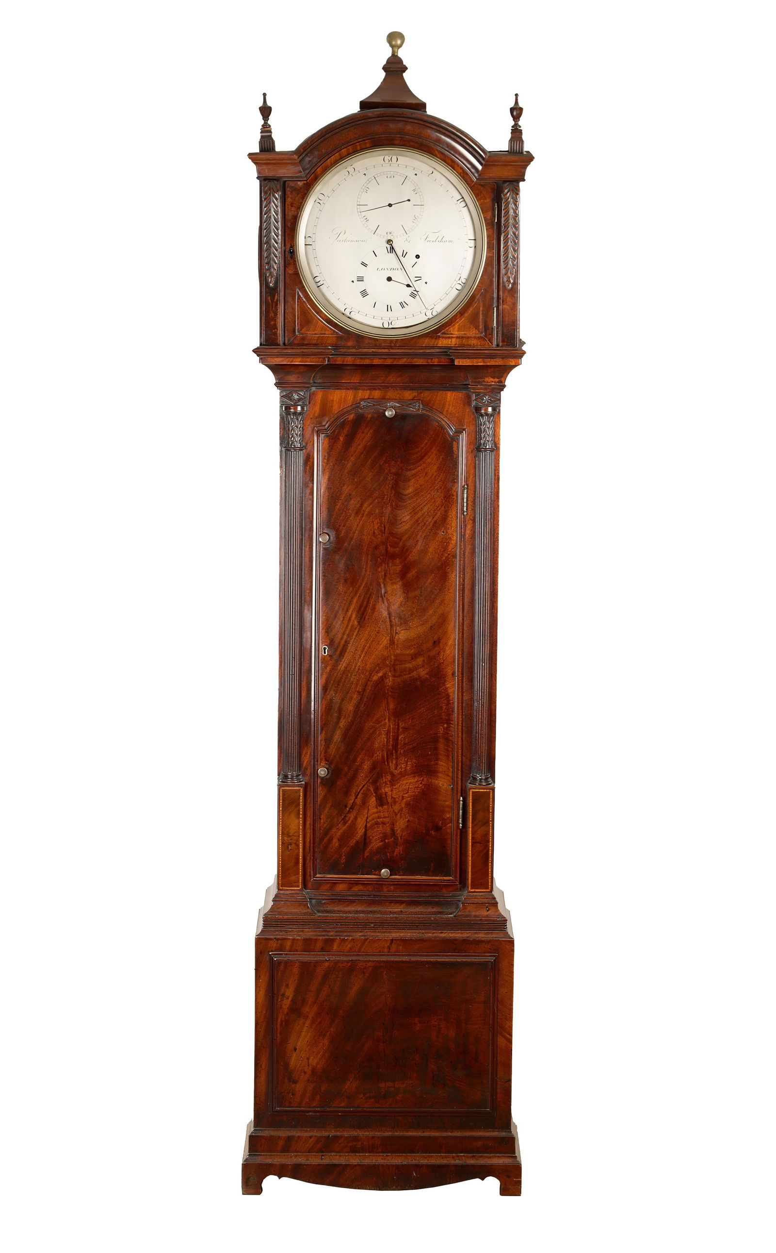 PARKINSON & FRODSHAM, LONDON. A REGENCY FIGURED MAHOGANY REGULATOR LONGCASE CLOCK (1 of 15)