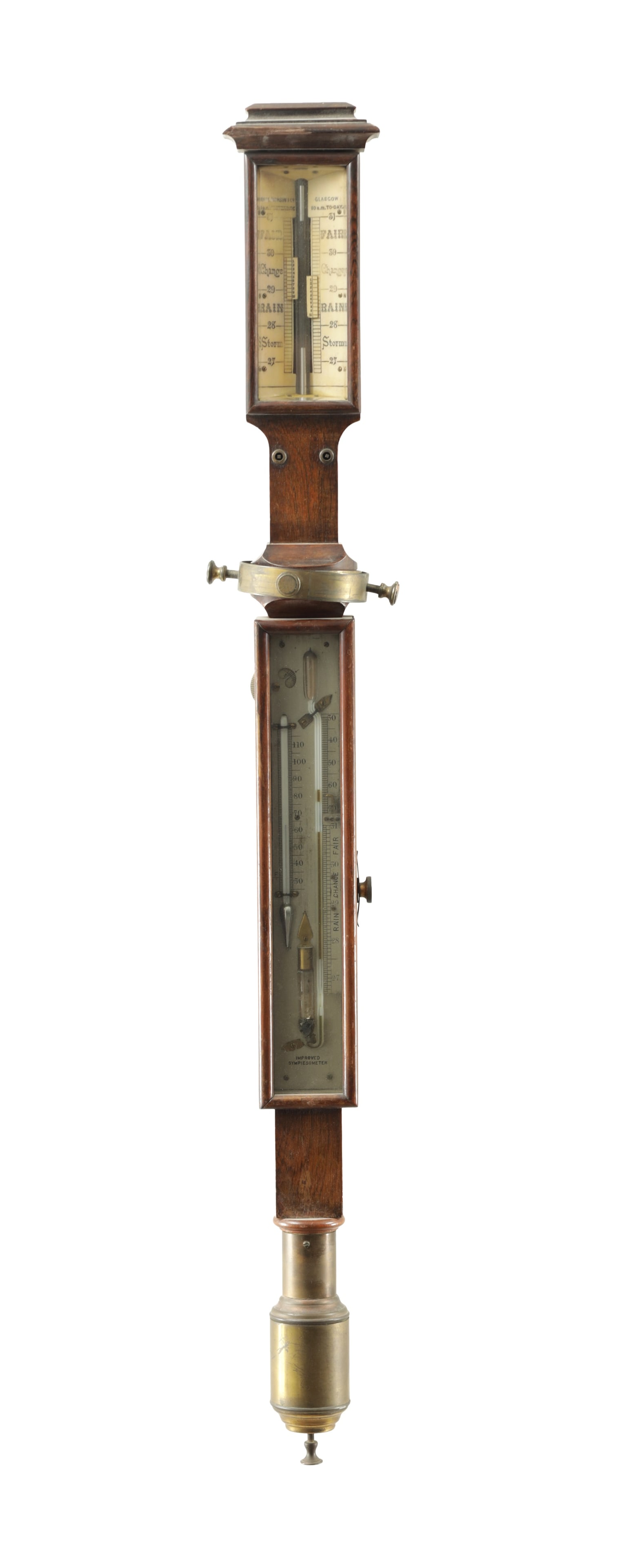 WHYTE, THOMSON & CO. GLASGOW. A 19TH CENTURY ROSEWOOD MARINE BAROMETER SYMPIESOMETER: WHYTE, THOMSON & CO. GLASGOW. A 19TH CENTURY ROSEWOOD MARINE BAROMETER SYMPIESOMETER having a bone calibrated dial above a silvered sympiesometer and weighted brass cistern cover. (97cm high)