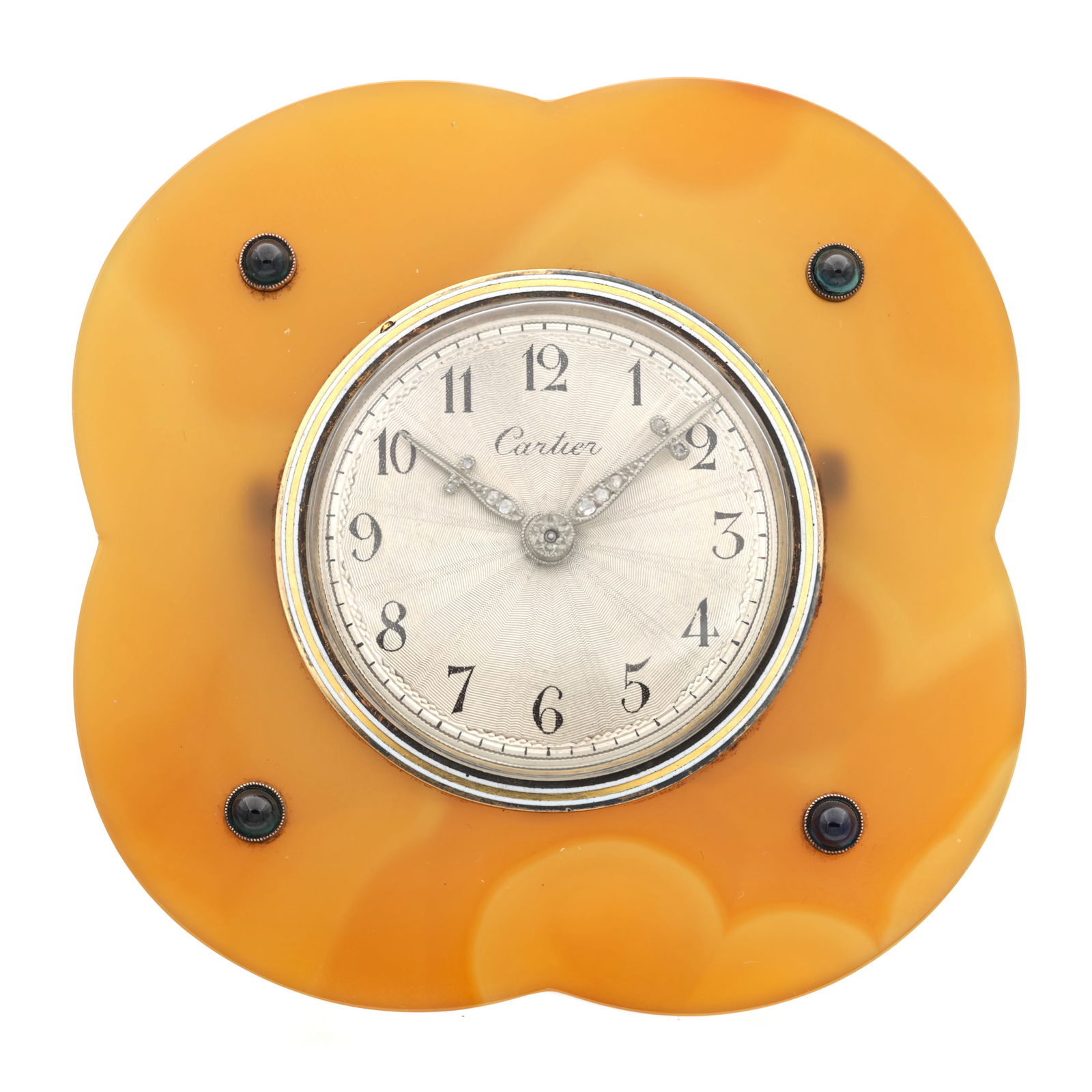 A RARE ART DECO AGATE, SAPPHIRE AND DIAMOND CARTIER STRUT CLOCK: A RARE ART DECO AGATE, SAPPHIRE AND DIAMOND CARTIER STRUT CLOCK the agate case with four circular cabochon sapphires and gilt white enamel banded bezel enclosing a silver guilloche dial with Arabic nu