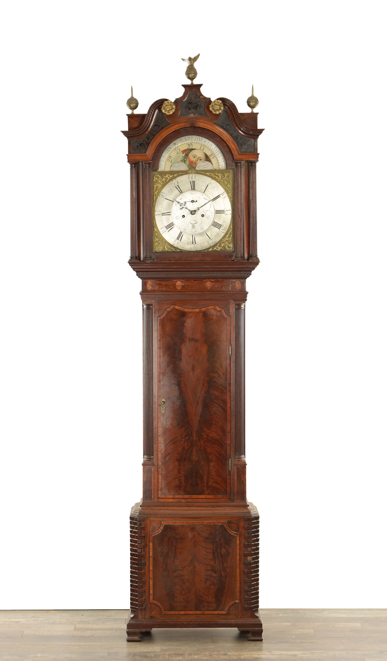 JOHN BARLOW, OLDHAM. A GEORGE III FIGURED MAHOGANY EIGHT DAY LONGCASE CLOCK (1 of 8)