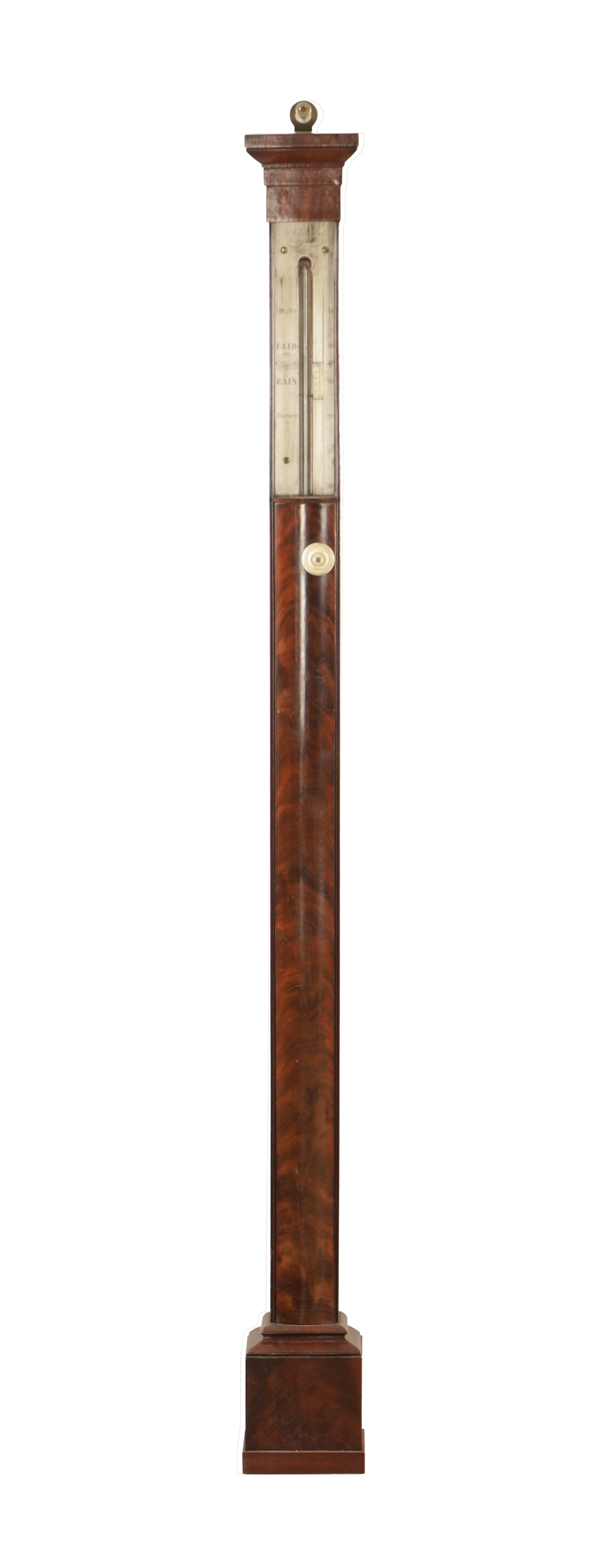 ADIE & SON, EDINBURGH. A REGENCY FIGURED MAHOGANY STICK BAROMETER: ADIE & SON, EDINBURGH. A REGENCY FIGURED MAHOGANY STICK BAROMETER of slender form with silvered calibrated dial and rack and pinion vernier. (99.5cm high)