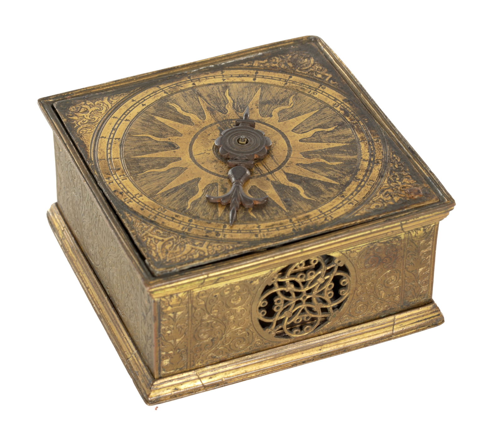 A 17TH/18TH CENTURY GERMAN GILT BRASS HORIZONTAL TABLE CLOCK (1 of 7)