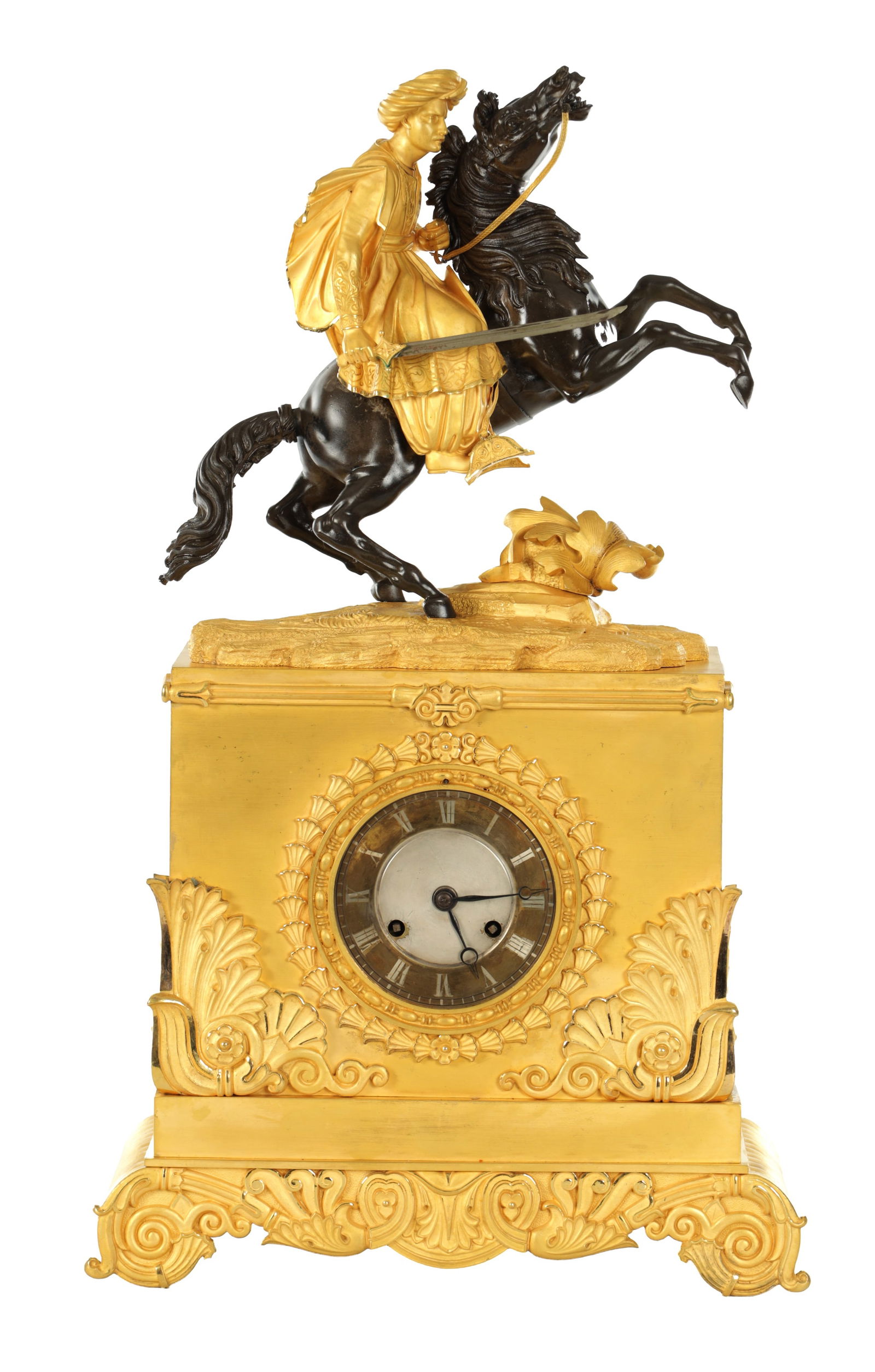 AN EARLY 19TH CENTURY FRENCH BRONZE AND ORMOLU FIGURAL MANTEL CLOCK (1 of 7)