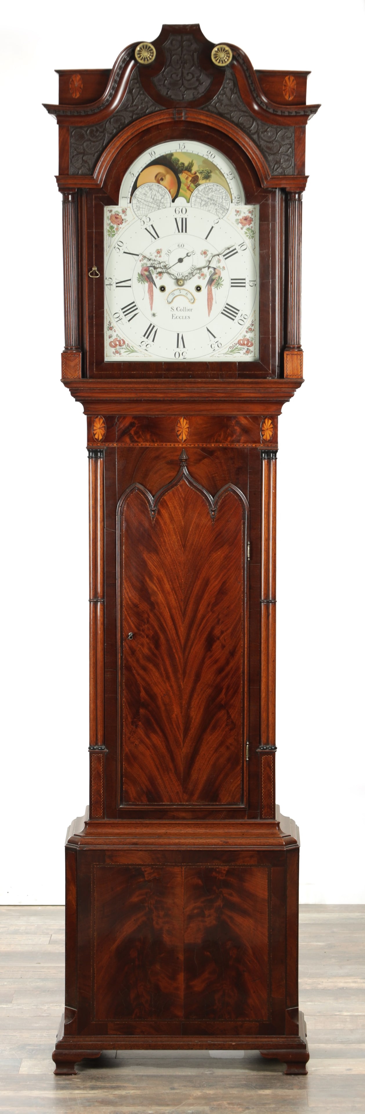 S COLLIER, ECCLES. A FINE GEORGE III FLAMED MAHOGANY EIGHT-DAY PAINTED DIAL MOON ROLLER LONGCASE (1 of 10)