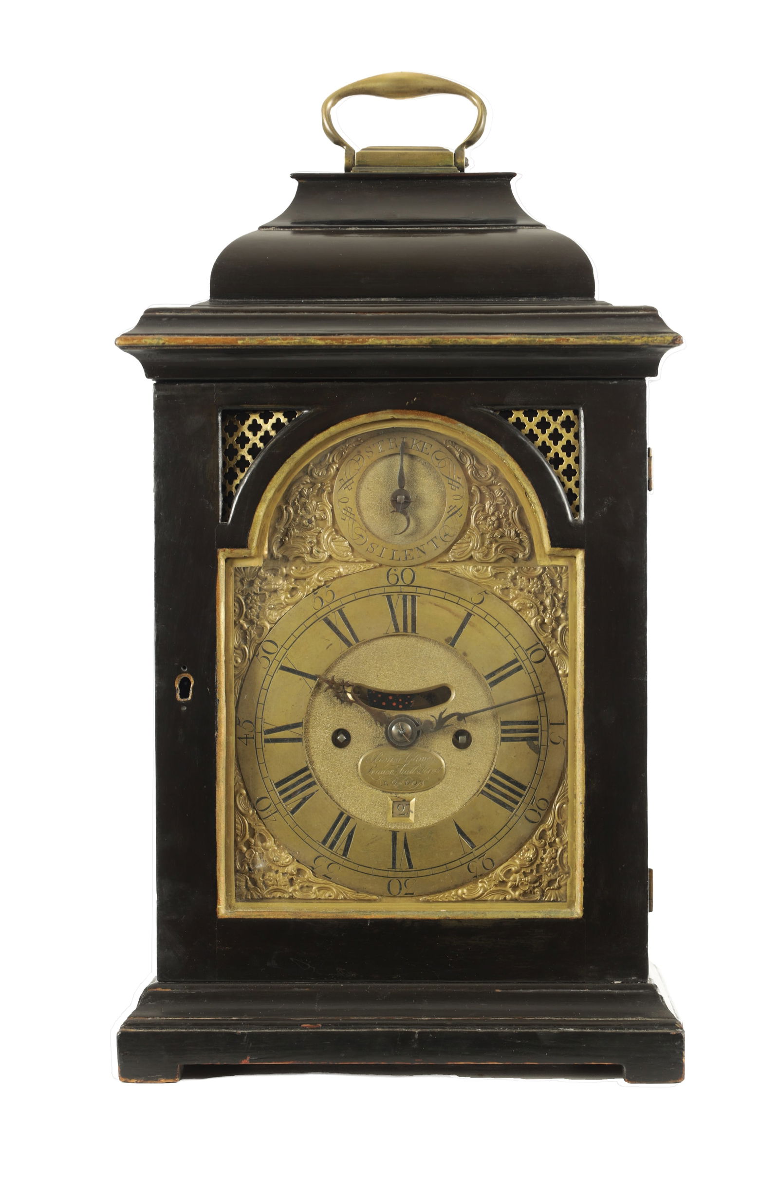BOYER GLOVER, LEADENHALL STREET, LONDON. A GEORGE II EBONISED EIGHT-DAY VERGE INVERTED BELL TOP (1 of 8)