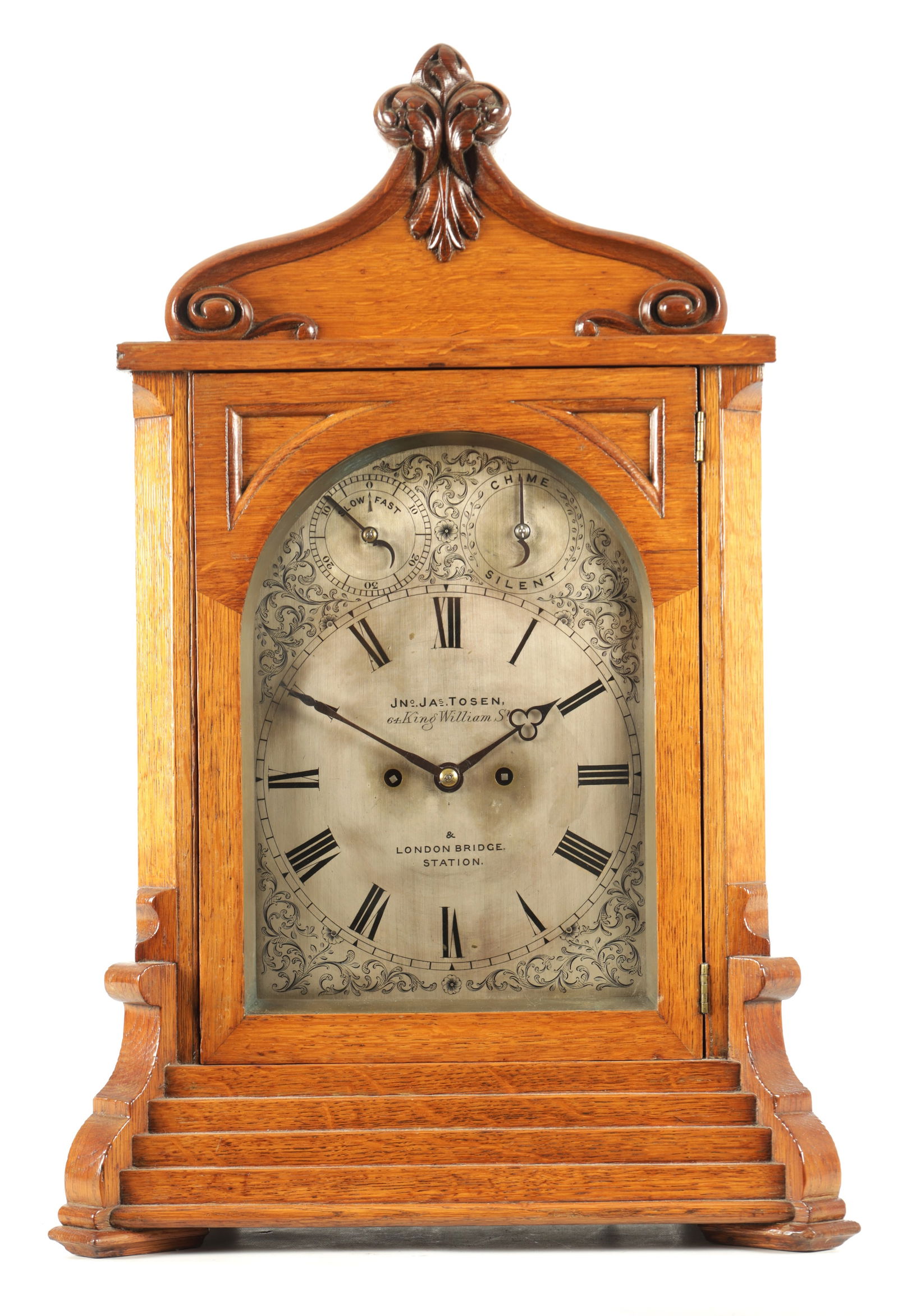 JOHNATHAN JAMES TOSEN, 64 KING WILLIAM STREET & LONDON BRIDGE STATION. A LATE 19TH CENTURY OAK: JOHNATHAN JAMES TOSEN, 64 KING WILLIAM STREET & LONDON BRIDGE STATION. A LATE 19TH CENTURY OAK DOUBLE FUSEE BRACKET CLOCK, the 8" engraved silvered dial with Roman numerals and signed centre below a S