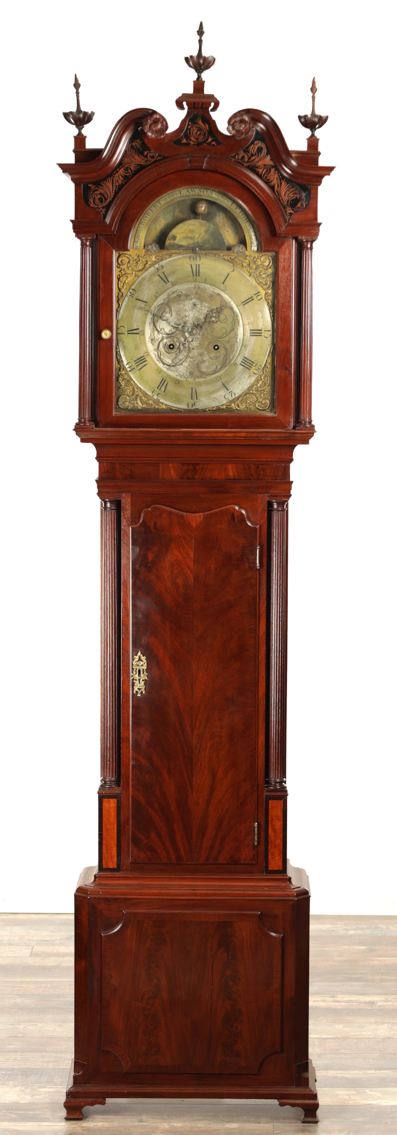 ROBERT LAWSON, ROBERT LAWSON, LEIGH. A RARE GEORGE III FIGURED MAHOGANY SPHERICAL MOON LONGCASE (1 of 6)