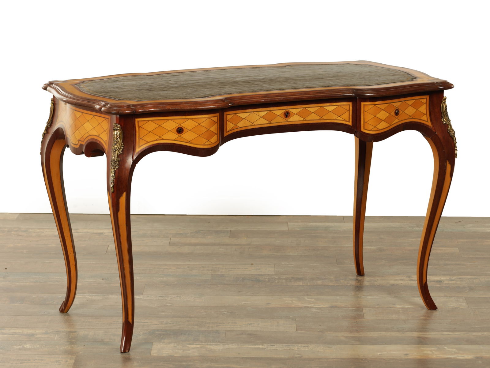 A 19TH CENTURY FRENCH SATINWOOD AND MAHOGANY ORMOLU MOUNTED WRITING TABLE (1 of 9)