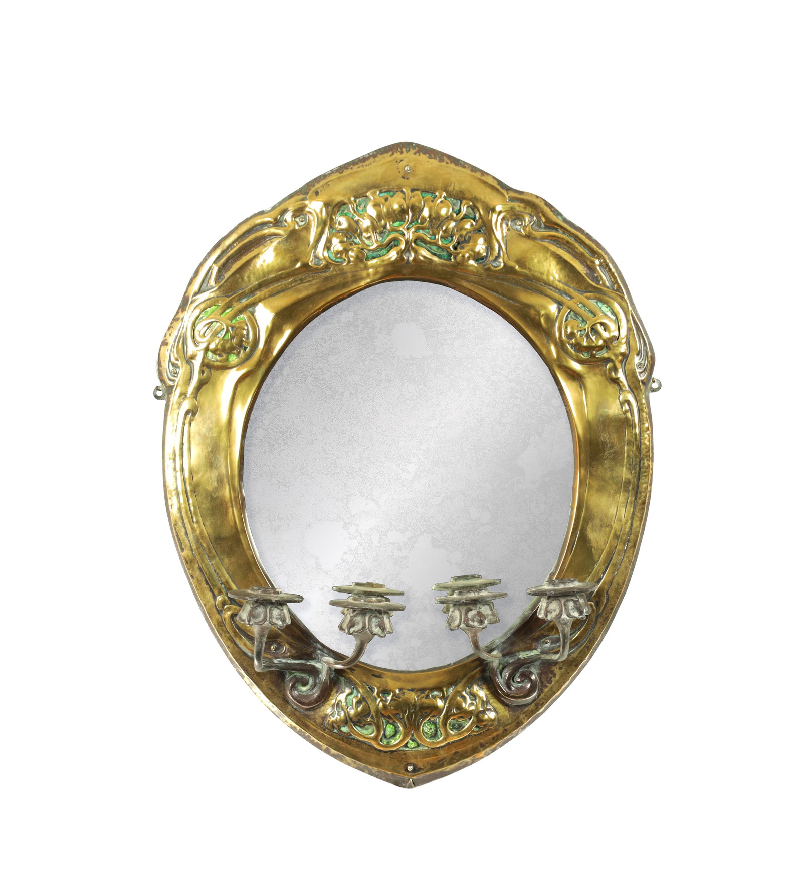 AN ART NOVEAU BRASS AND RUSKIN ENAMEL HANGING MIRROR (1 of 6)
