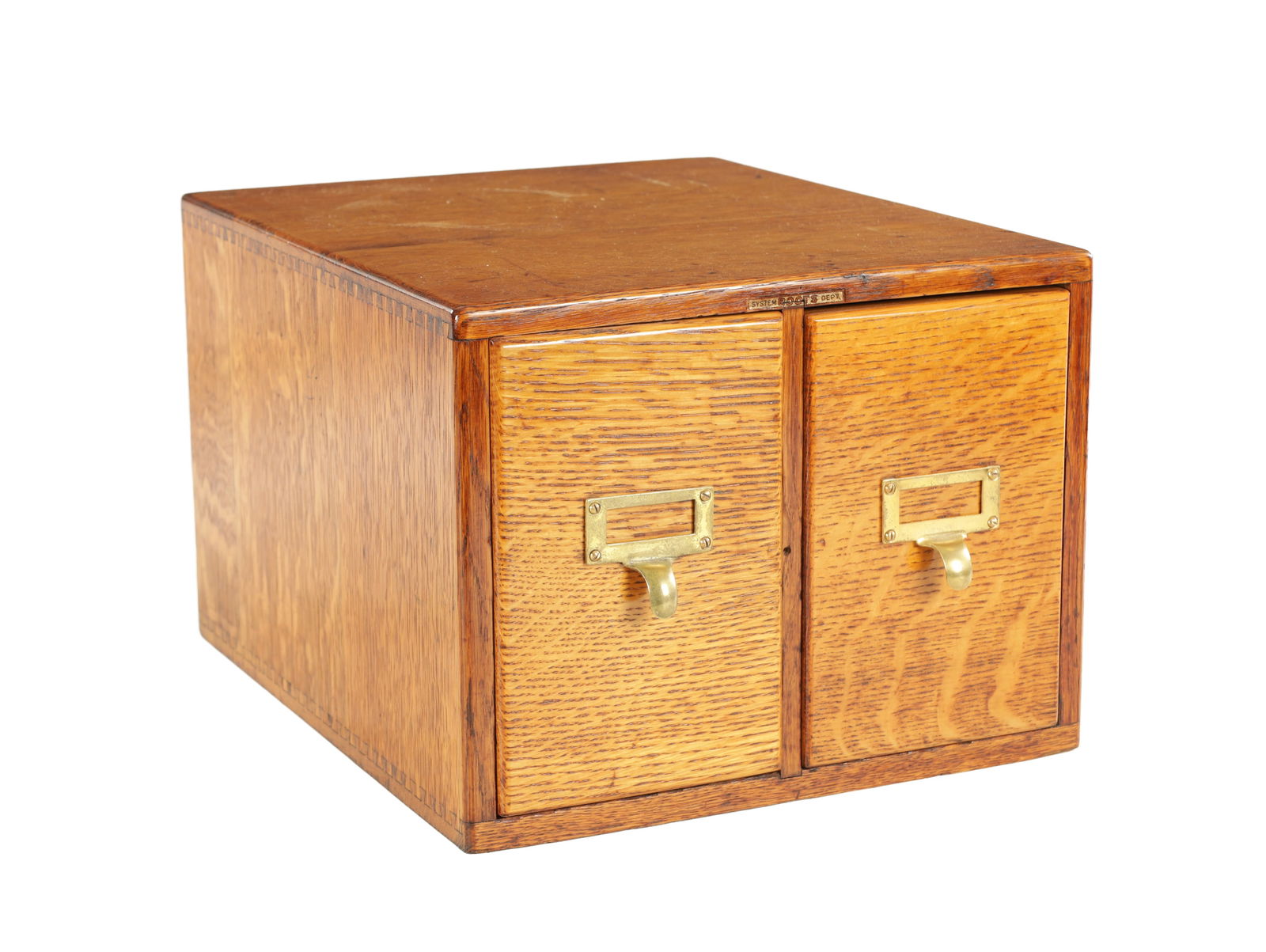 A 20TH CENTURY OAK BOOTS INDEX CARD CABINET: A 20TH CENTURY OAK BOOTS INDEX CARD CABINET with two drawers and a Boots retail label to the front of the cabinet. (40cm deep, 34cm wide and 26cm high)