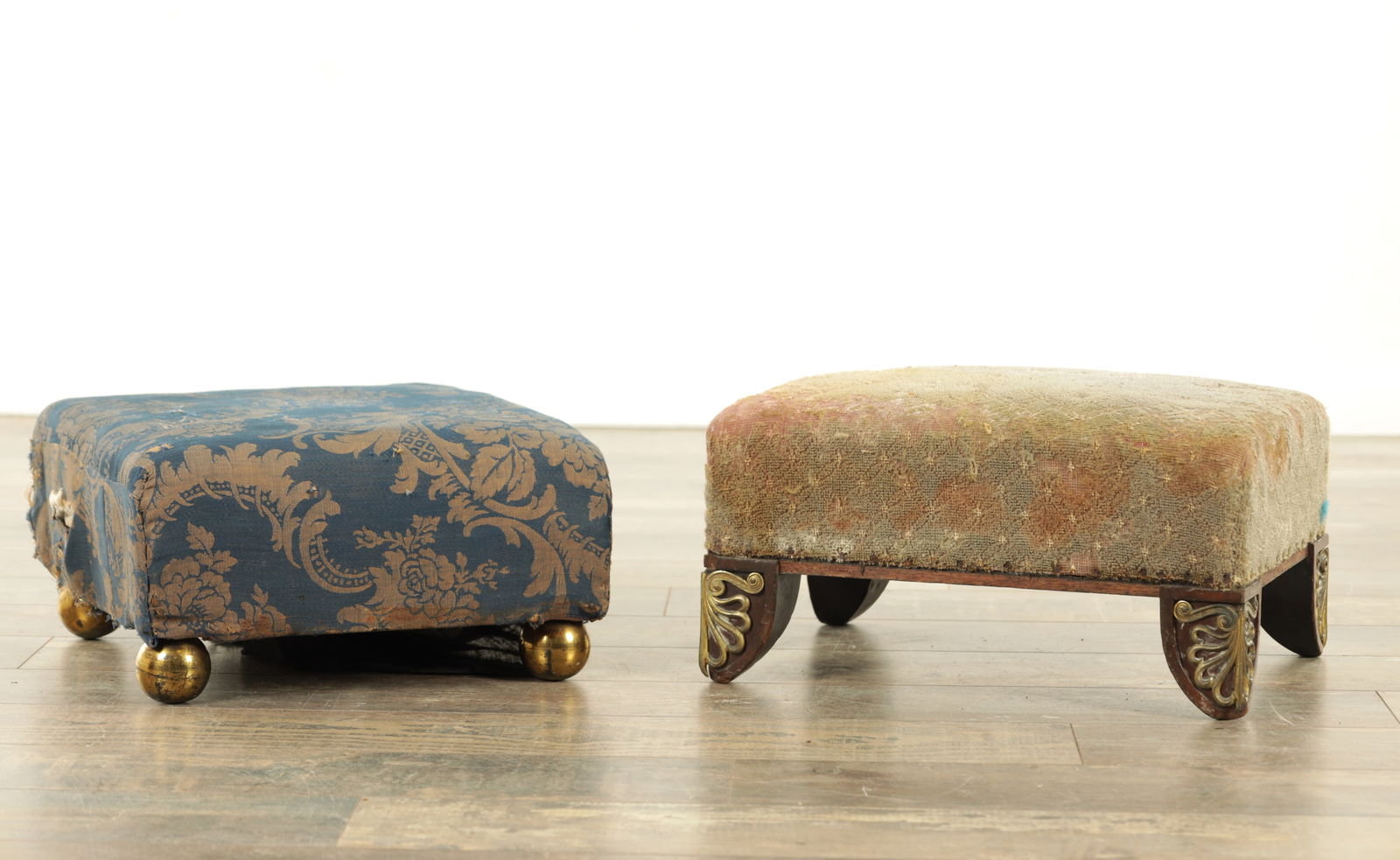 A REGENCY PERIOD FOOT STOOL IN THE MANNER OF THOMAS HOPE TOGETHER WITH ANOTHER 19TH CENTURY FOOT STO (1 of 8)