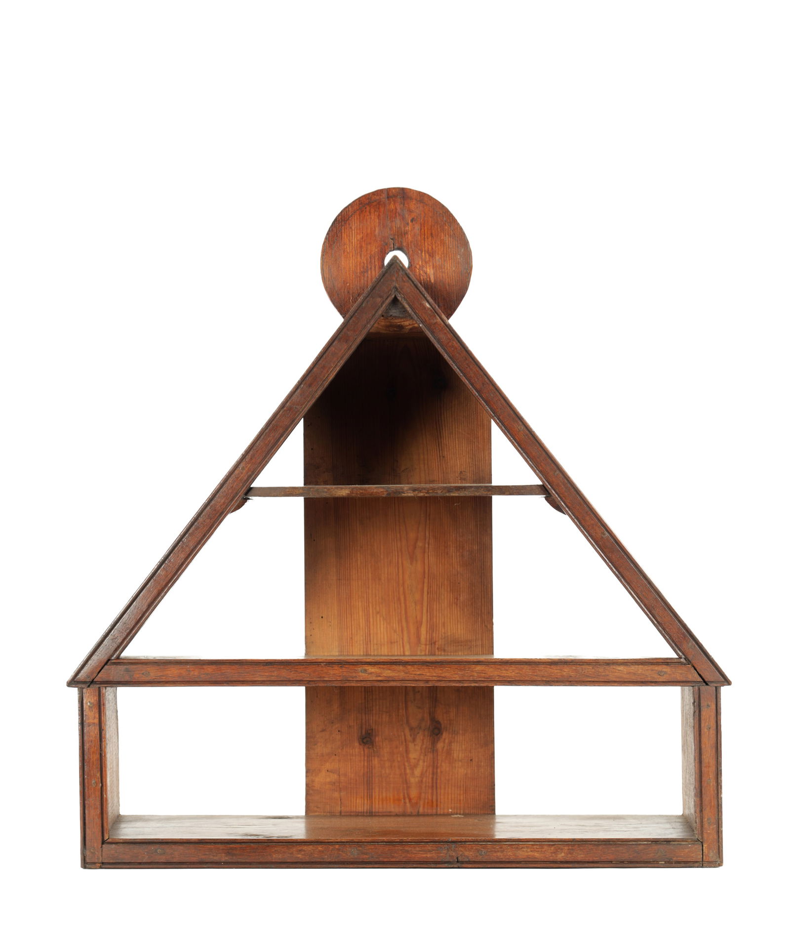 AN UNUSUAL 18TH CENTURY OAK AND PINE HANGING SHELF WITH A PITCHED TOP: AN UNUSUAL 18TH CENTURY OAK AND PINE HANGING SHELF WITH A PITCHED TOP having two shelves (57cm high 54cm wide )