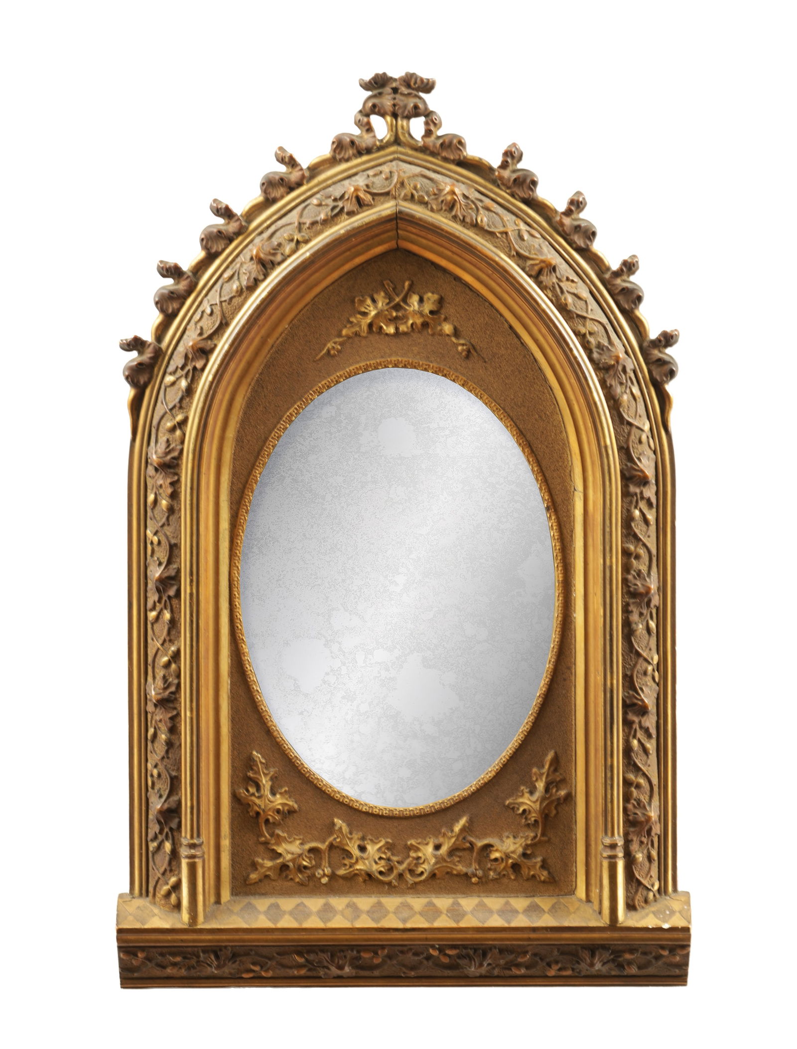A GOOD EARLY 20TH CENTURY FRENCH GOTHIC GILT GESSO HANGING MIRROR: A GOOD EARLY 20TH CENTURY FRENCH GOTHIC GILT GESSO HANGING MIRROR of arched form with oak leaf and acorn surround, fitted with an oval mirror (59cm high 37cm wide )