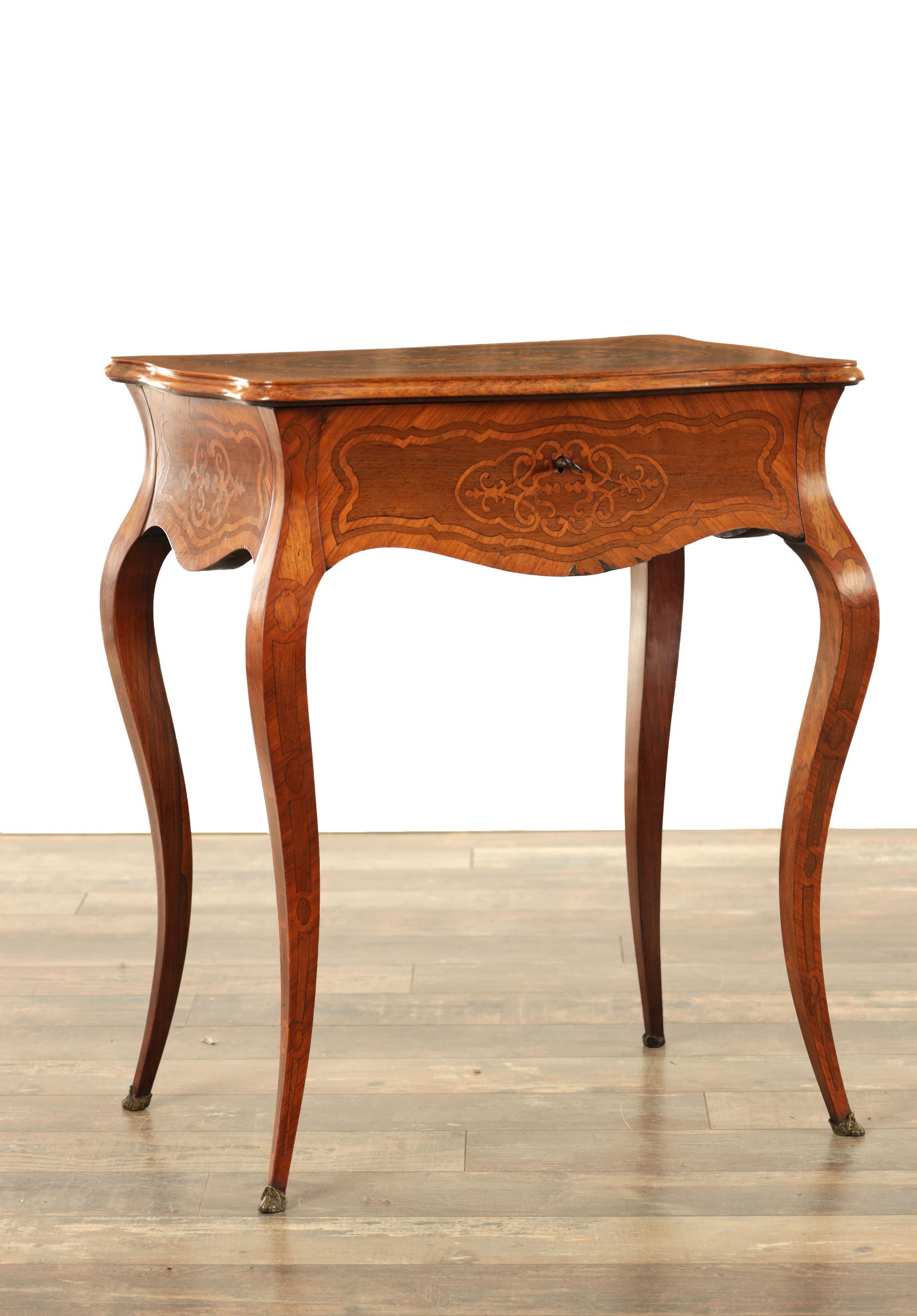 A 19TH CENTURY FRENCH INLAID ROSEWOOD AND KINGWOOD SEWING TABLE (1 of 6)