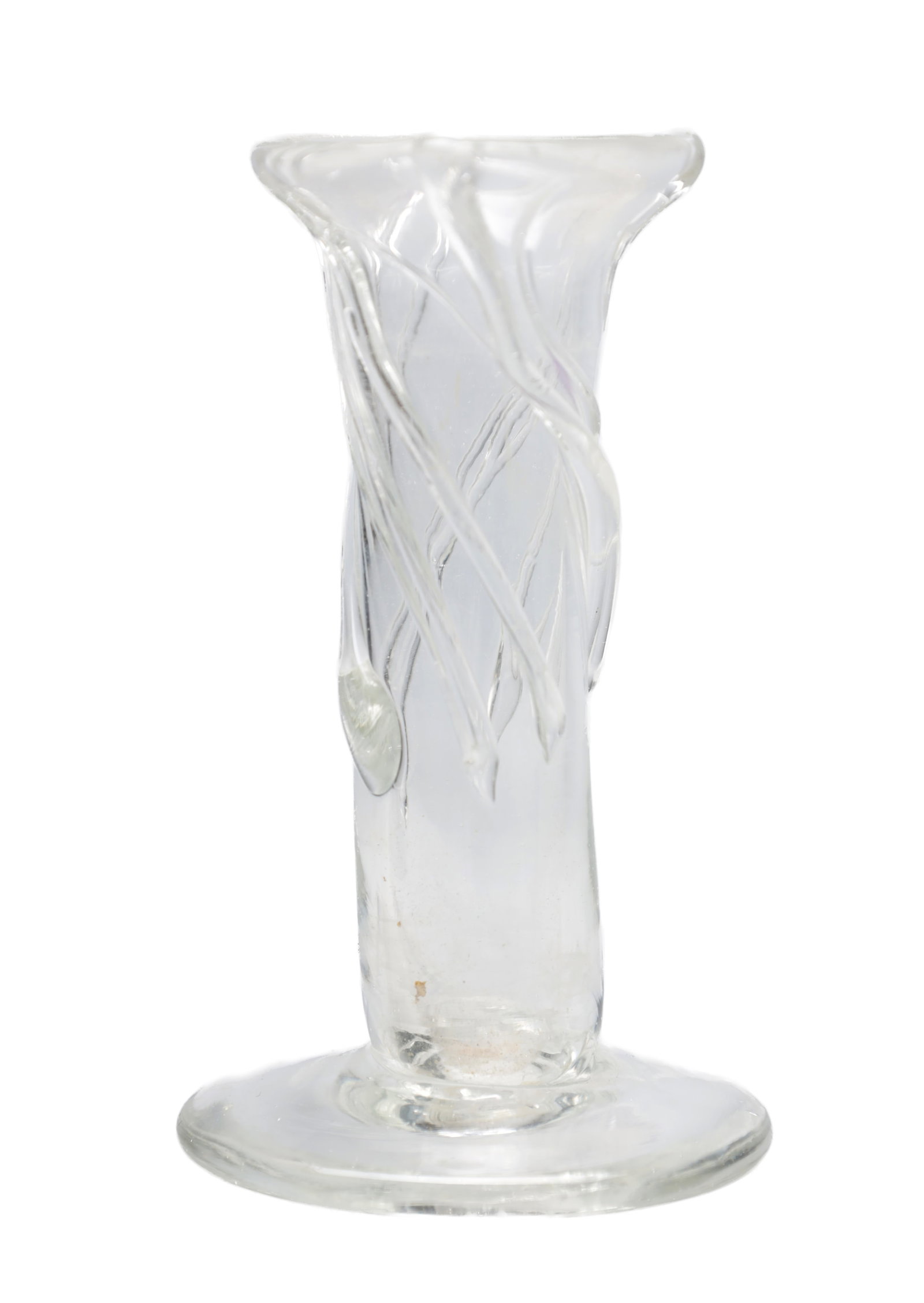 AN EARLY 18TH CENTURY GLASS CANDLE STICK: AN EARLY 18TH CENTURY GLASS CANDLE STICK with a flared drip pan above a cylindrical stem applied with vertical trails, raised on a circular foot. (10.5cm high)