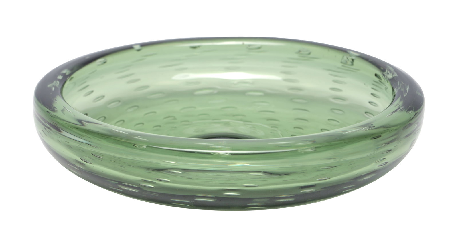 A MID 20TH CENTURY ENGLISH GREEN CONTROLLED BUBBLE GLASS BOWL BY WHITEFRIARS: A MID 20TH CENTURY ENGLISH GREEN CONTROLLED BUBBLE GLASS BOWL BY WHITEFRIARS of circular shallow form with a thick rounded rim and all-over controlled bubble decoration. (6cm high, 26cm diameter)