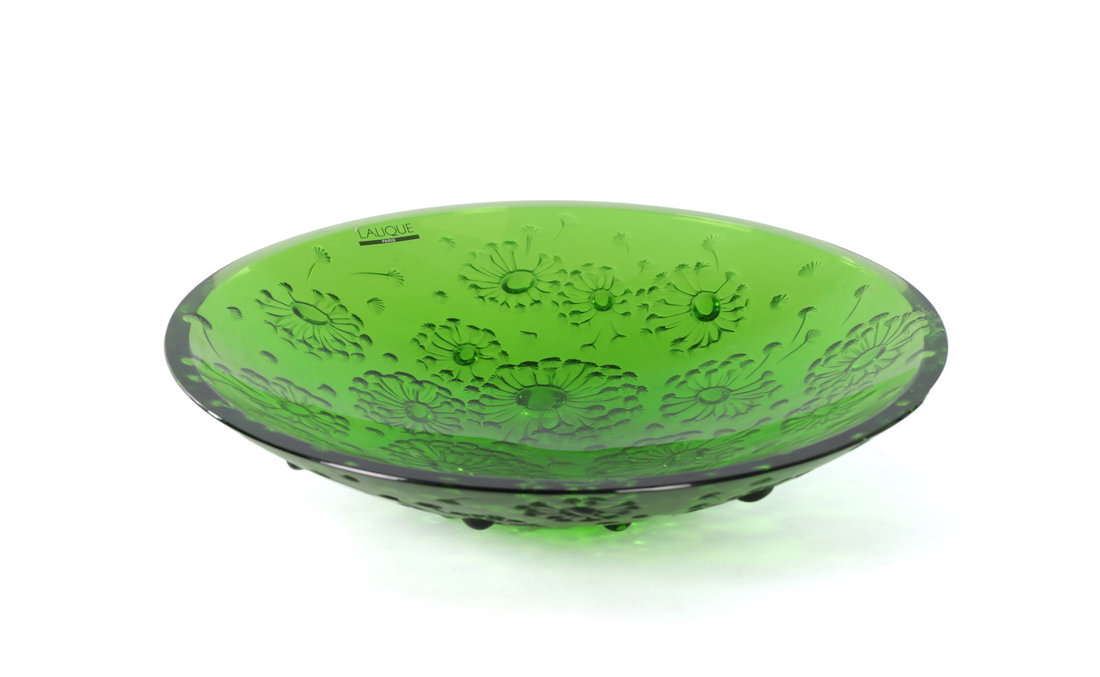 A LALIQUE FRANCE GREEN MOULDED GLASS DANDELION BOWL: A LALIQUE FRANCE GREEN MOULDED GLASS DANDELION BOWL of shallow circular form with relief-moulded dandelion heads, signed Lalique France, with the original box. (34cm diameter)