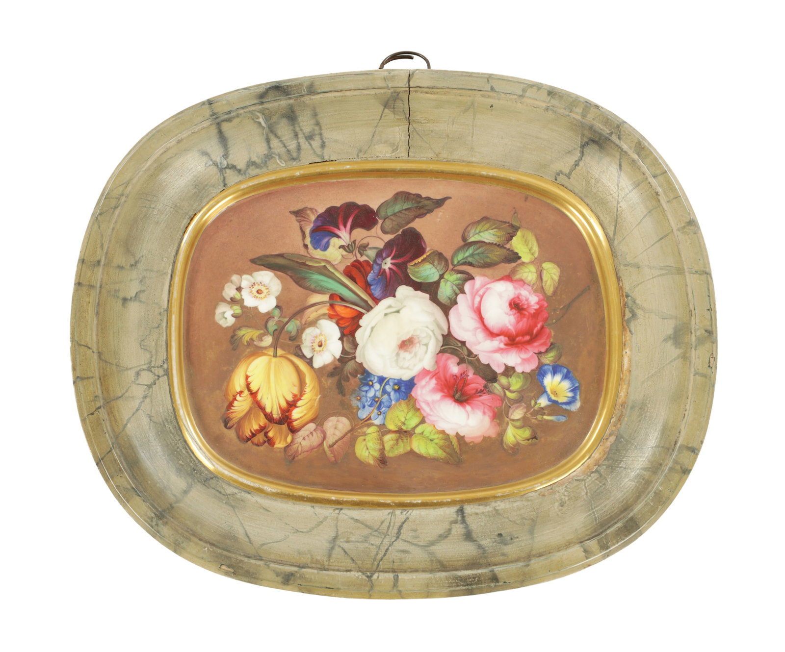 A 19TH CENTURY ROYAL CROWN DERBY TYPE PORCELAIN PLAQUE IN THE MANNER OF JAMES ROUSE: A 19TH CENTURY ROYAL CROWN DERBY TYPE PORCELAIN PLAQUE IN THE MANNER OF JAMES ROUSE depicting a finely painted flower spray on a brown ground within a gilt line border, mounted in a shaped faux marble