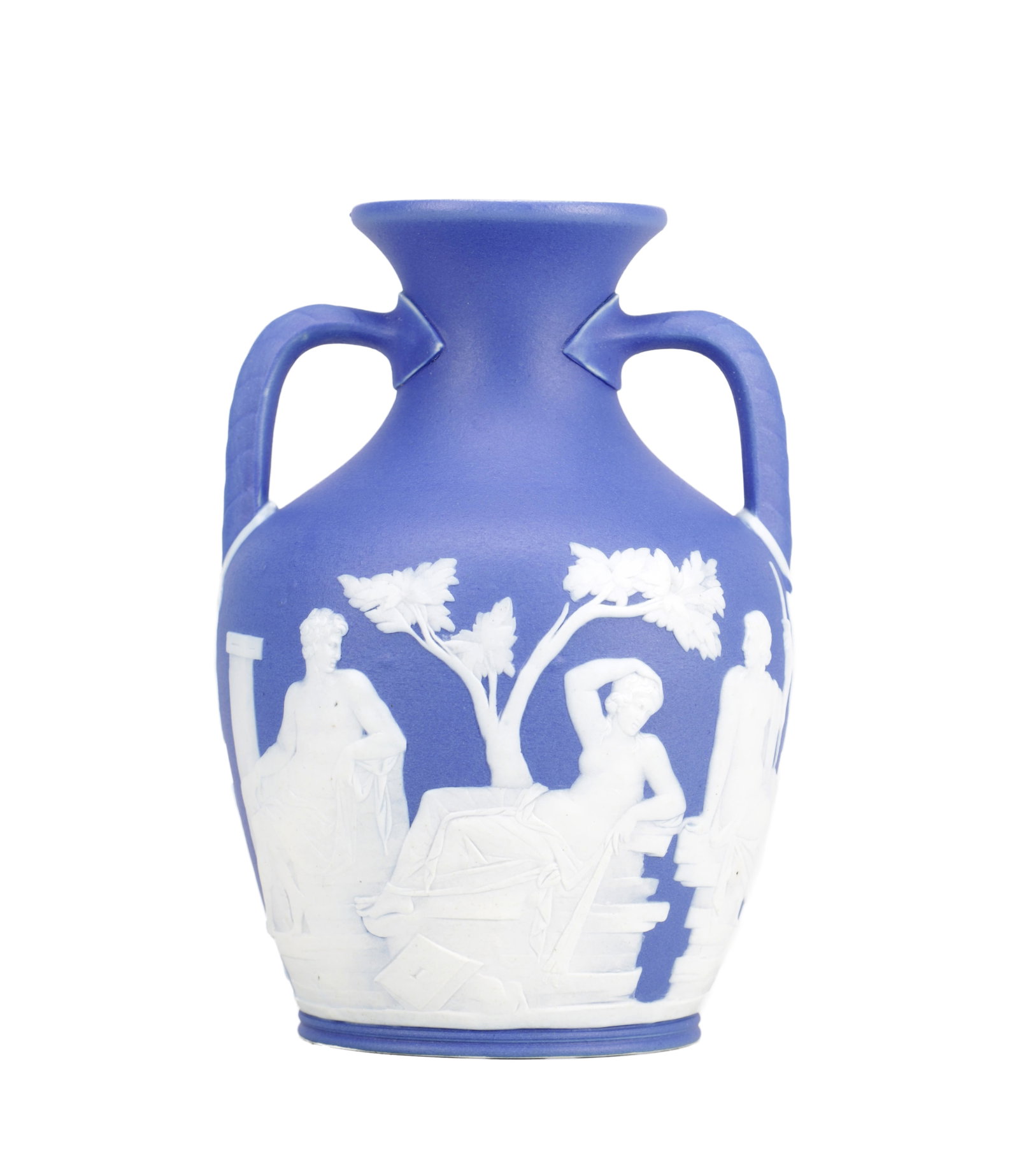 A 19TH CENTURY WEDGWOOD BLUE JASPERWARE PORTLAND VASE: A 19TH CENTURY WEDGWOOD BLUE JASPERWARE PORTLAND VASE of amphora form with twin loop handles and a flared neck, applied in white relief with classical figures and foliage, on a circular foot. (15.5cm