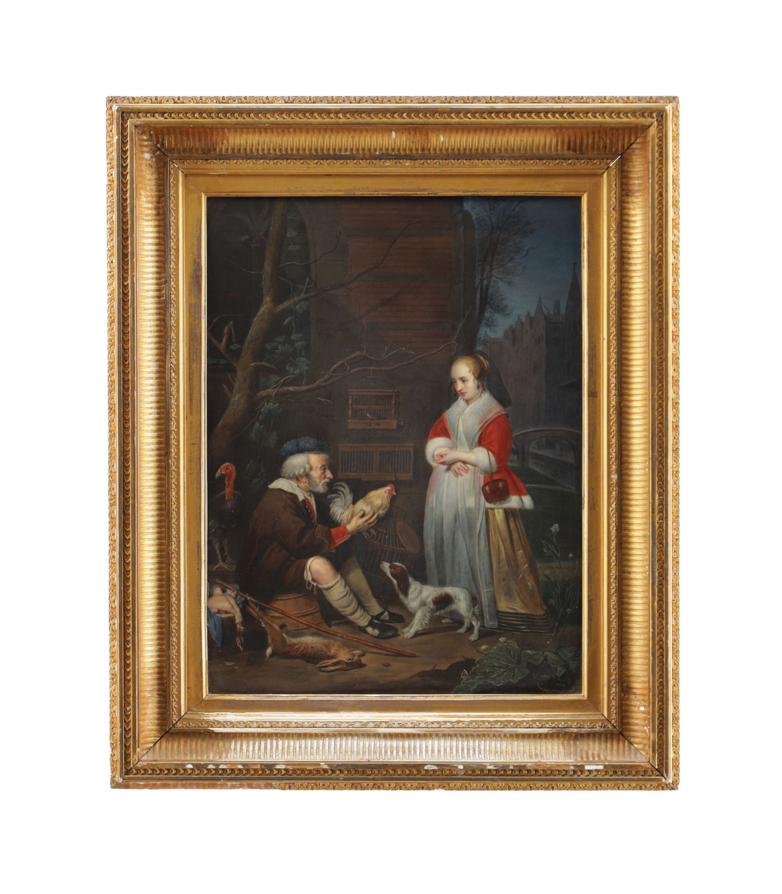 A 19TH CENTURY DRESDEN PORCELAIN PLAQUE PAINTED WITH A RUSTIC GENRE SCENE: A 19TH CENTURY DRESDEN PORCELAIN PLAQUE PAINTED WITH A RUSTIC GENRE SCENE depicting an elderly man presenting a hen to a young woman with a spaniel at their feet before birdcages, mounted in a gilt fr