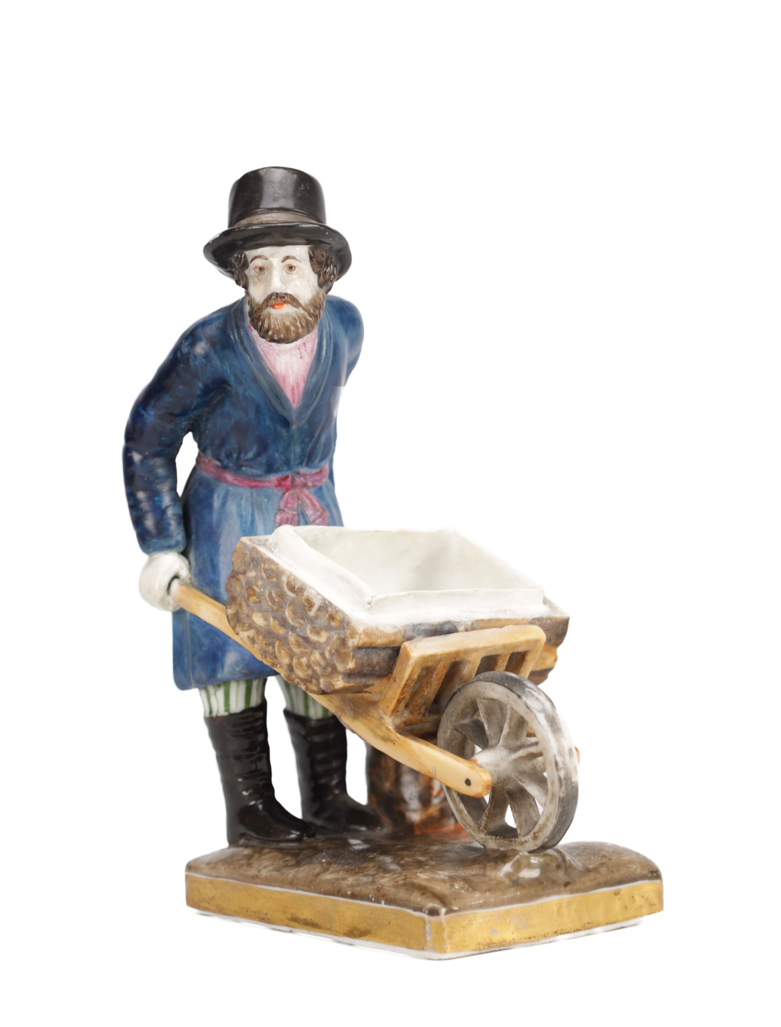 A 19TH CENTURY RUSSIAN GARDNER PORCELAIN FIGURE OF A PEASANT WITH A WHEELBARROW: A 19TH CENTURY RUSSIAN GARDNER PORCELAIN FIGURE OF A PEASANT WITH A WHEELBARROW modelled as a bearded peasant in hat, coat and boots pushing a log-sided wheelbarrow, with polychrome decoration and gil
