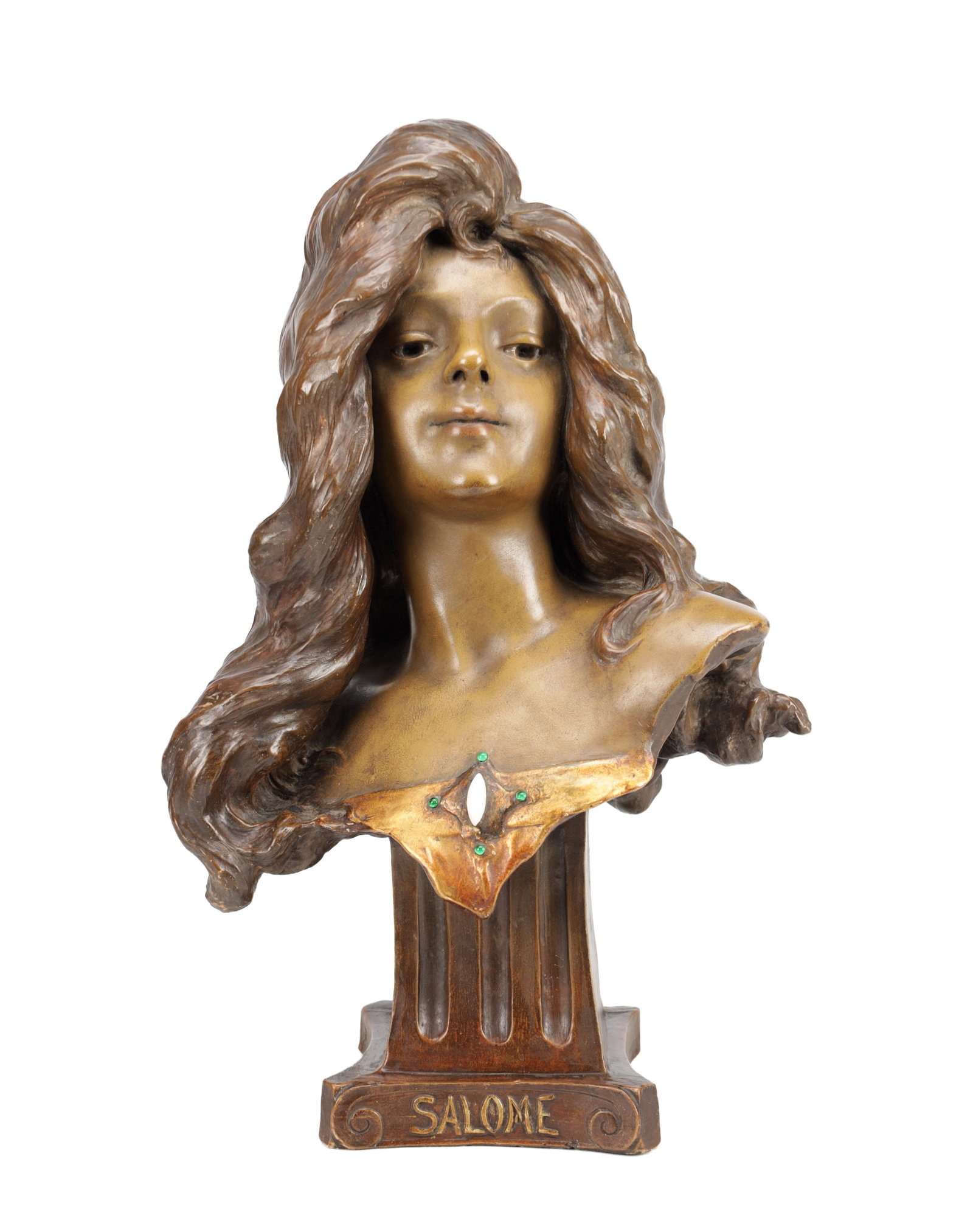 E. CAUSSE AN ART NOUVEAU FRENCH TERRACOTTA BUST OF SALOME: E. CAUSSE AN ART NOUVEAU FRENCH TERRACOTTA BUST OF SALOME depicting the half-length figure with long flowing hair and a gilt collar inset with green cabochons on an integral titled socle, numbered 317