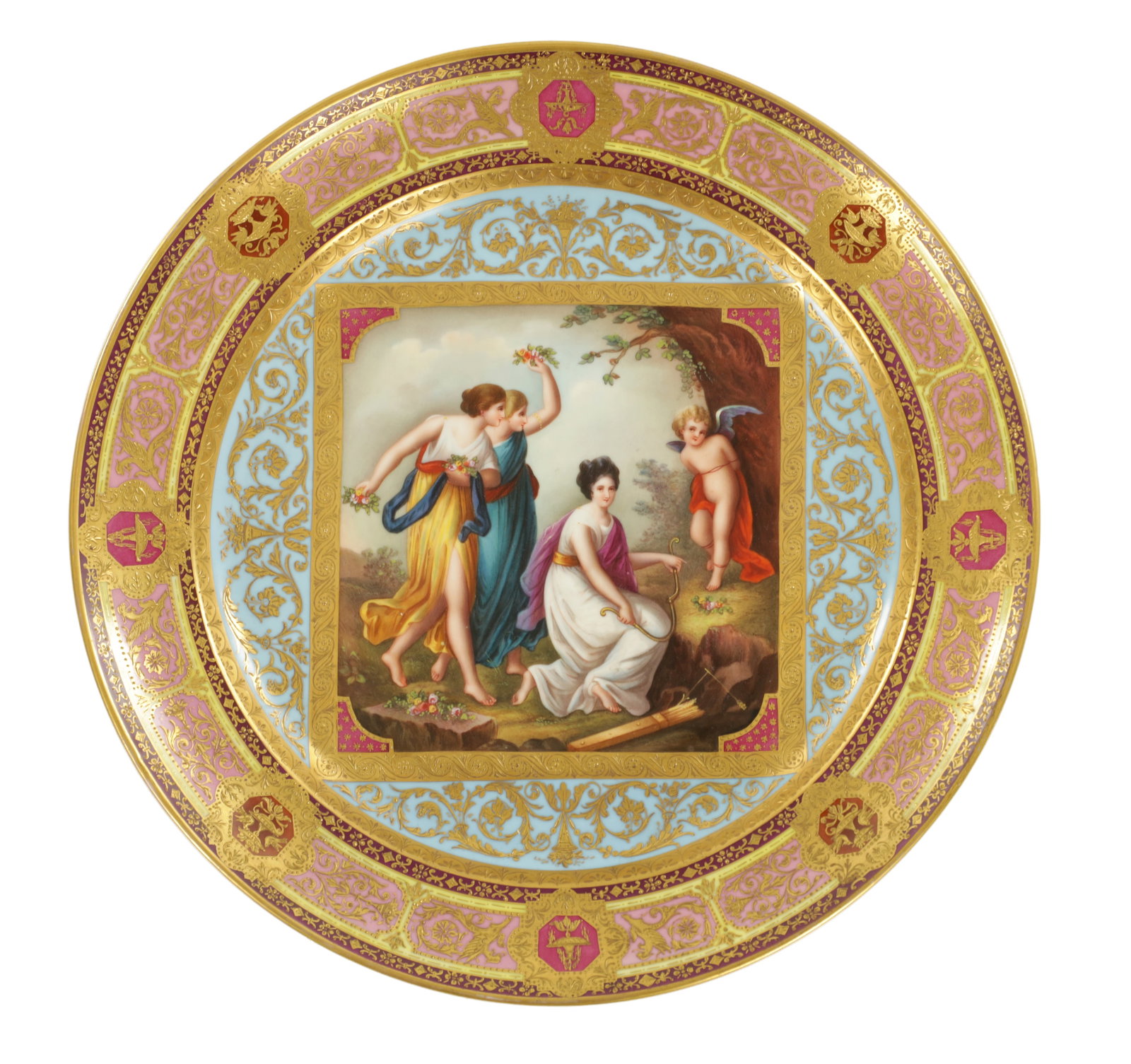 A FINE LATE 19TH CENTURY LARGE ROYAL VIENNA PORCELAIN PLATE: A FINE LATE 19TH CENTURY LARGE ROYAL VIENNA PORCELAIN PLATE the border with raised gilt scrolling foliage and medallions on pale blue, maroon and pink grounds, enclosing a central square reserve paint