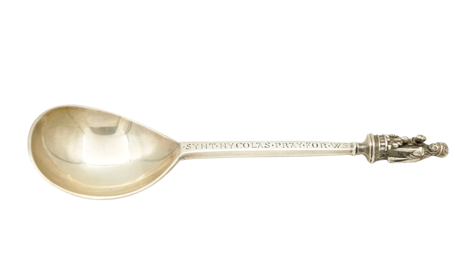 A LARGE EDWARDIAN SILVER APOSTLE SPOON: A LARGE EDWARDIAN SILVER APOSTLE SPOON inscribed "SYNT.NYCOLAS.PRAY.FOR.WS. Total weight app. 89g. Hallmarked Crichton Brothers. London, 1906.