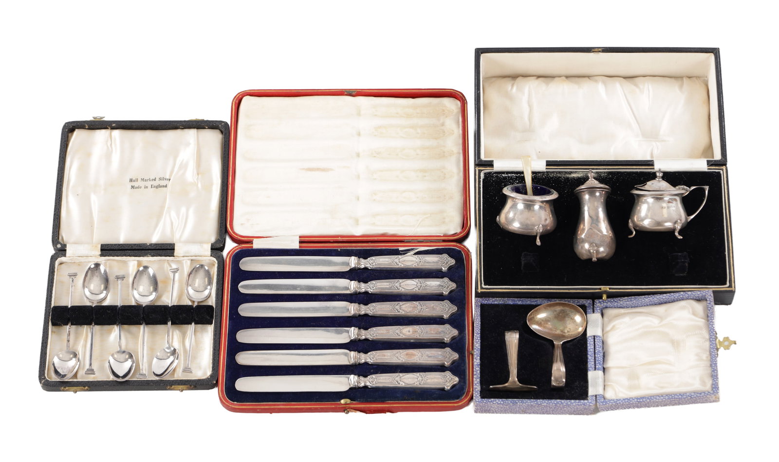 A COLLECTION OF 20TH CENTURY ENGLISH SILVER CASED FLATWARE AND A CRUET SET: A COLLECTION OF 20TH CENTURY ENGLISH SILVER CASED FLATWARE AND A CRUET SET comprising a silver spoon hallmarked Sheffield 1937, total weight app. 39.6g; a silver and blue glass cruet set hallmarked Bi