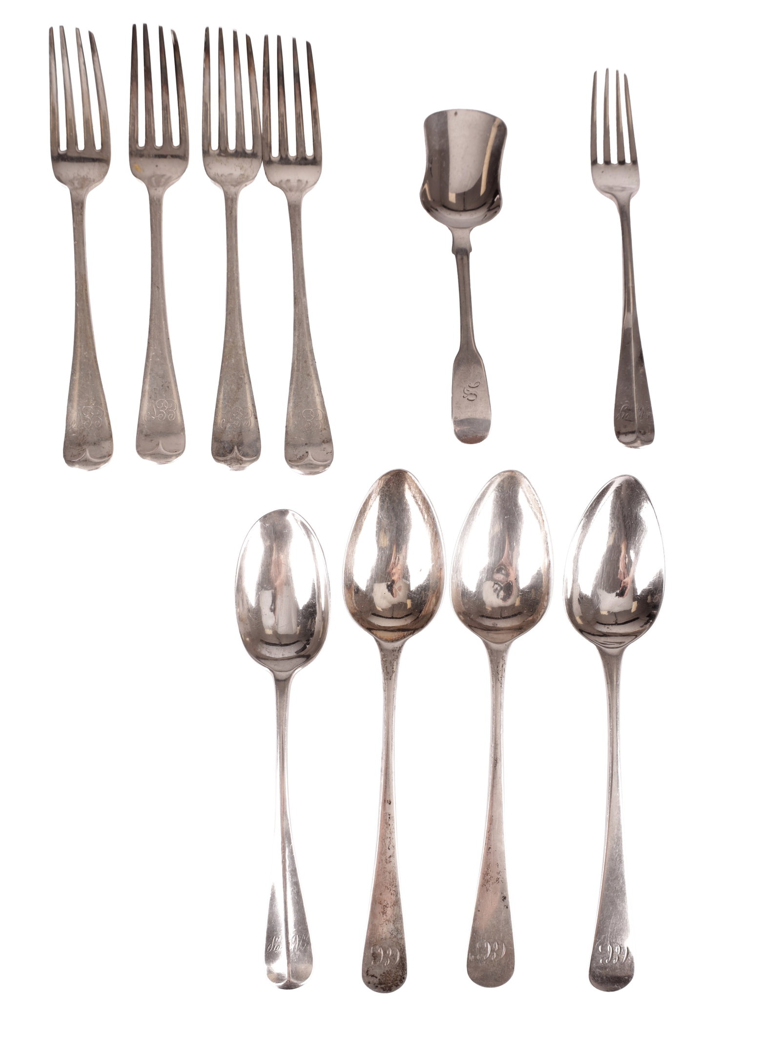 A COLLECTION OF LATE 18TH AND LATE 19TH CENTURY ENGLISH SILVER FLATWARE: A COLLECTION OF LATE 18TH AND LATE 19TH CENTURY ENGLISH SILVER FLATWARE comprising four forks hallmarked Sheffield 1897, a set of three spoons hallmarked London 1798, a single spoon hallmarked London