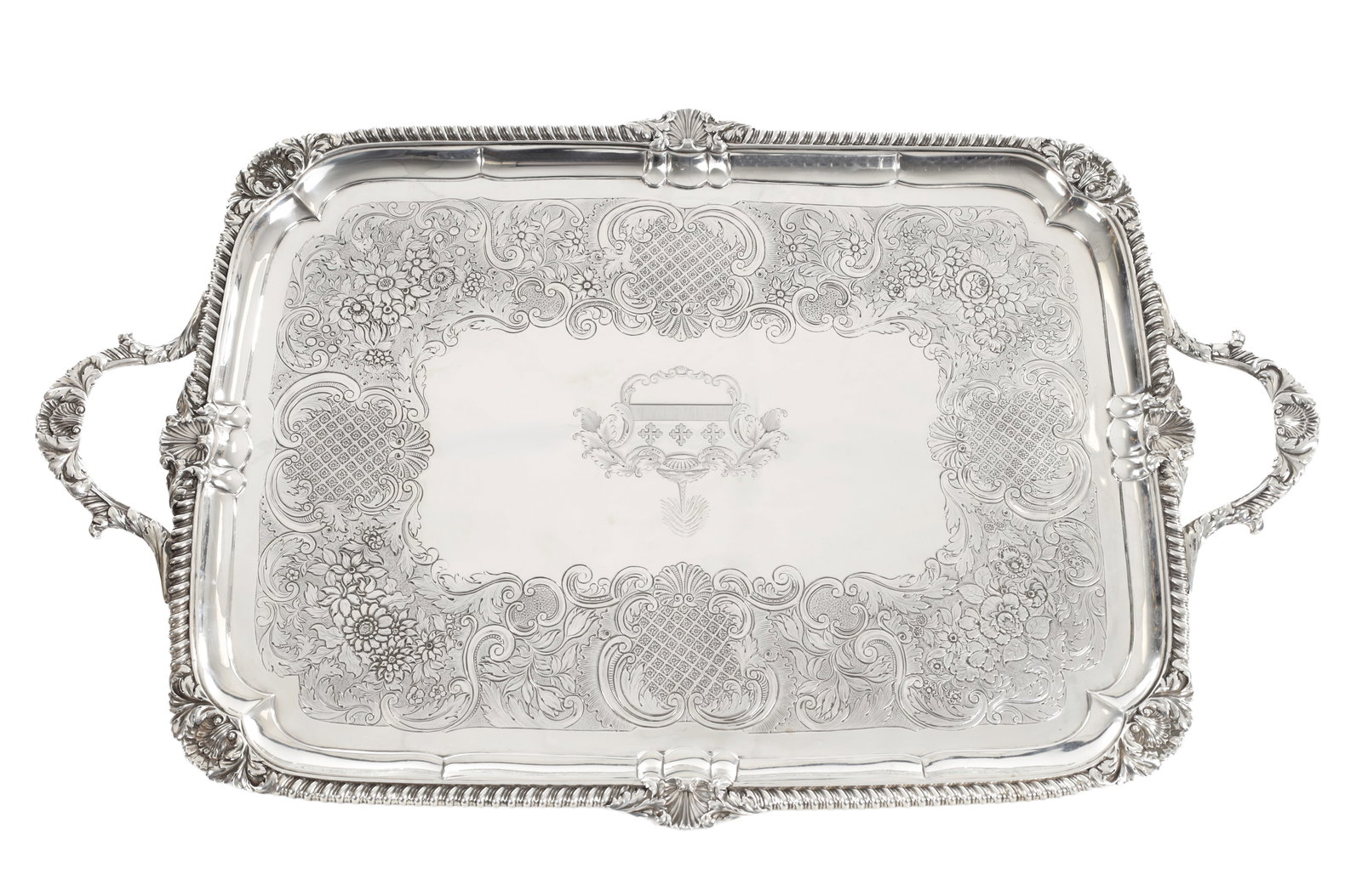 A GEORGE IV ENGLISH SILVER TWIN-HANDLED TRAY: A GEORGE IV ENGLISH SILVER TWIN-HANDLED TRAY of rectangular form with shaped corners, the surface finely engraved with scrolling foliate decoration, floral motifs and lattice panels surrounding a cent