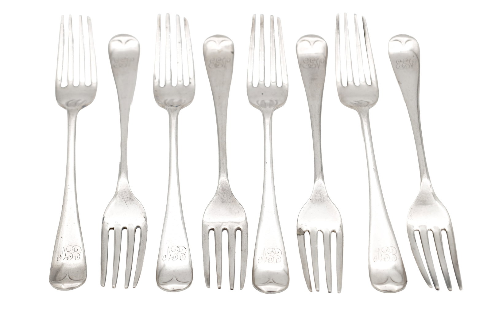 A SET OF EIGHT VICTORIAN SILVER FORKS: A SET OF EIGHT VICTORIAN SILVER FORKS hallmarked Sheffield 1897 by James Deakin & Sons (John & William F Deakin). Total weight app. 400g. (8) (Length 7cm)