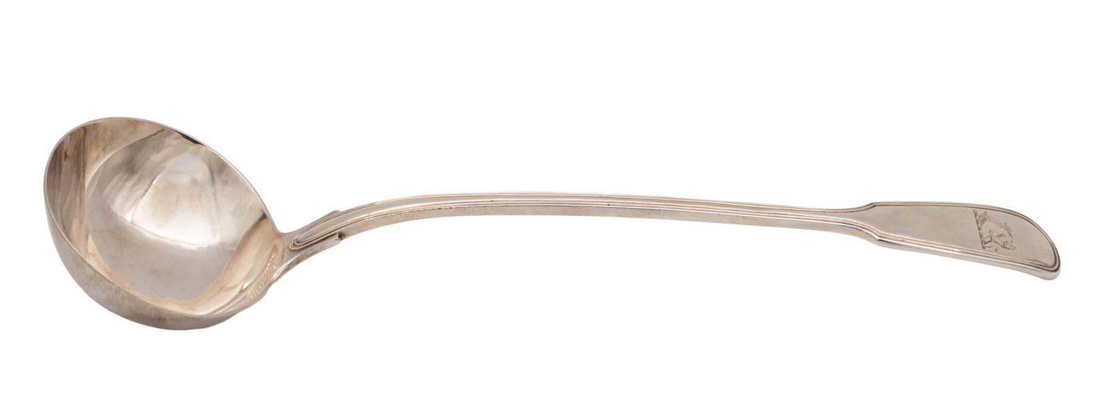 A 19TH CENTURY GEORGIAN SILVER LADLE: A 19TH CENTURY GEORGIAN SILVER LADLE with engraved border decoration and monogram to the top of the handle. Hallmarked London 1830 by William Chawner II. Total weight app. 270g. (Length 34cm)