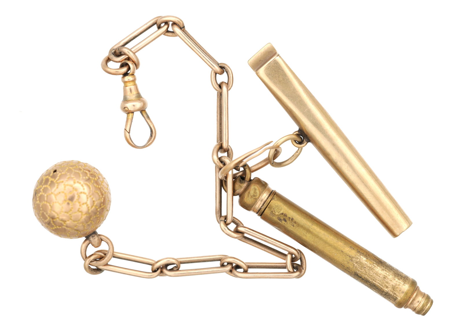 A 9CT YELLOW GOLD ALBERTINA WITH WHISTLE AND PENCIL CHARMS: A 9CT YELLOW GOLD ALBERTINA WITH WHISTLE AND PENCIL CHARMS the fancy link chain with dog clip and a decorative ball charm, total weight app. 17.6g. (Length 14cm)