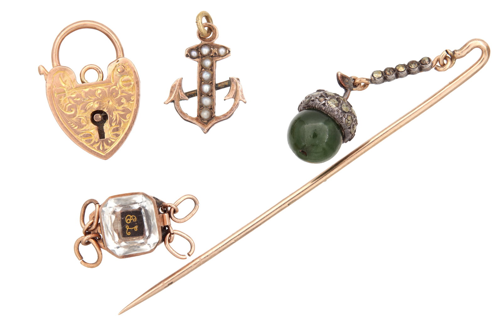A COLLECTION OF 9CT GOLD ITEMS: A COLLECTION OF 9CT GOLD ITEMS comprising a 9ct gold Georgian Stuart crystal and nephrite acorn hat pin, a Georgian 9ct gold locket clasp, a 9ct rose gold clasp and a 9ct gold and seed pearl anchor ch