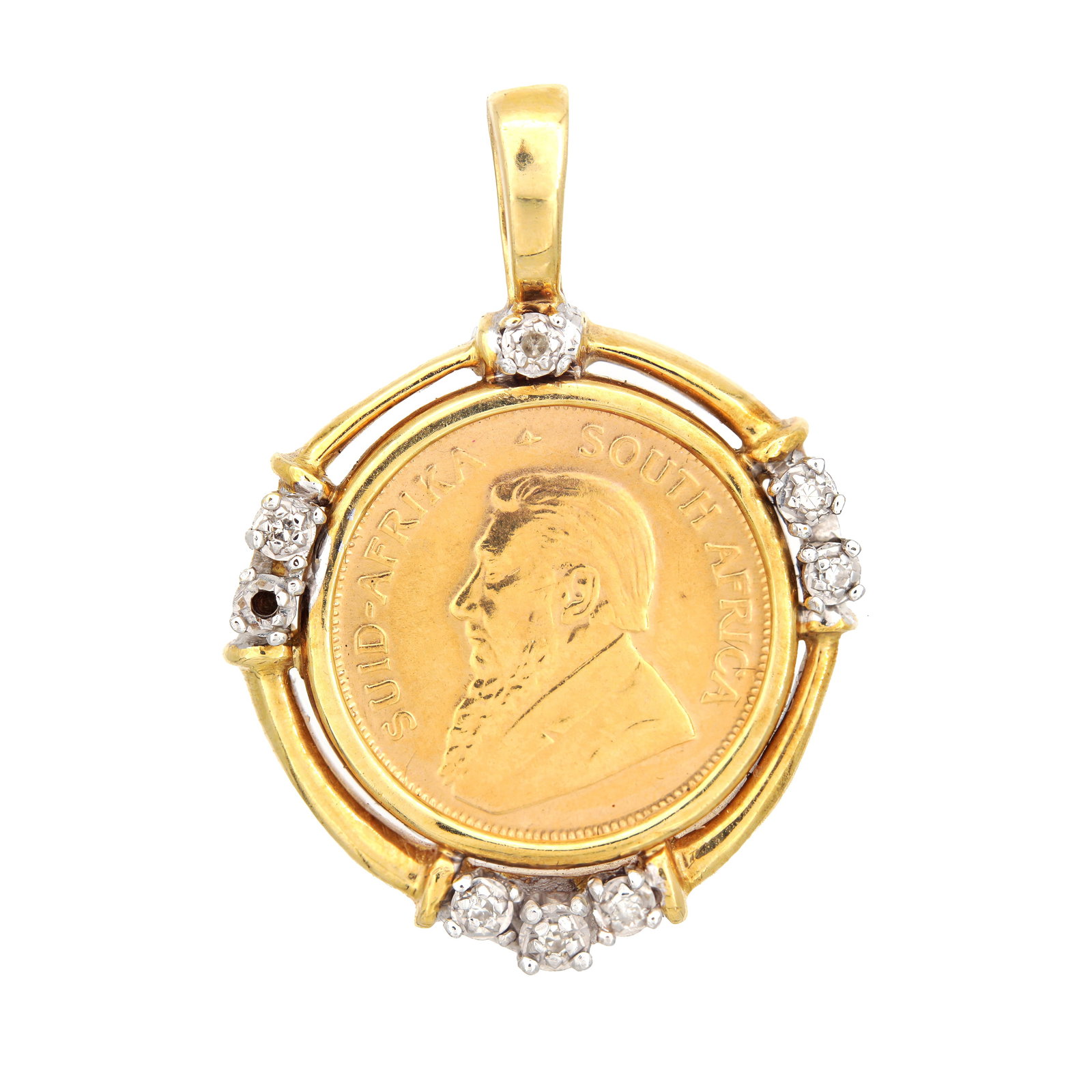 AN 18CT YELLOW GOLD DIAMOND SET 1/10 OZ KRUGERRAND PENDANT: AN 18CT YELLOW GOLD DIAMOND SET 1/10 OZ KRUGERRAND PENDANT the frame is hallmarked 18ct and set with seven diamonds (one diamond missing). The Krugerrand is dated 1998. Total weight app. 7.3g. (Length